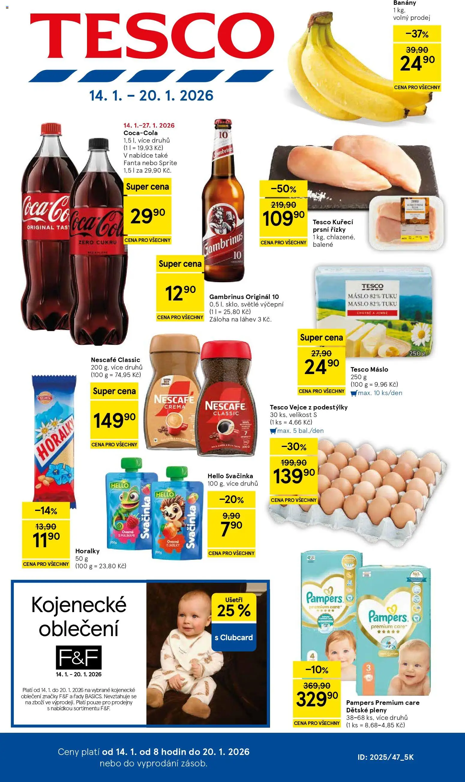 Tesco leták - Hypermarket od 14.01.2026 | Strana: 1 | Produkty: F&F, Pampers Premium Care, Kojenecké oblečení, Oblečení