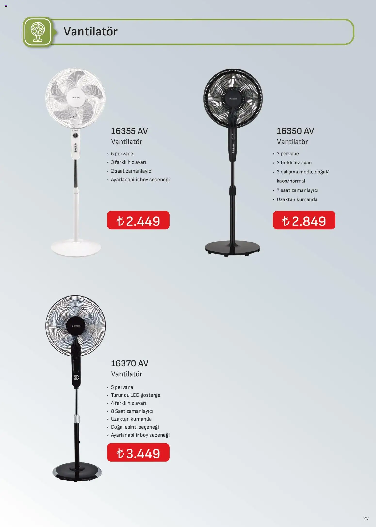 Arçelik - İklimlendirme Kataloğu - 16.03.2026 tarihinden itibaren geçerlidir | Sayfa: 27 | Ürünler: Saat, Vantilatör
