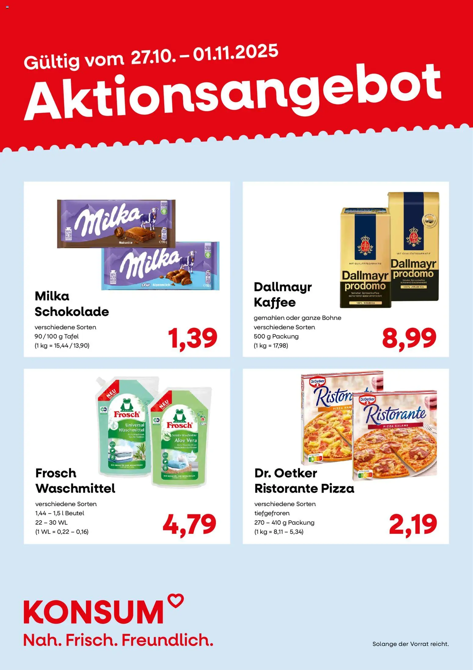 KONSUM Leipzig Prospekt – gültig ab 27.10.2025 | Seite: 2 | Produkte: Kaffee, Milka, Waschmittel, Pizza