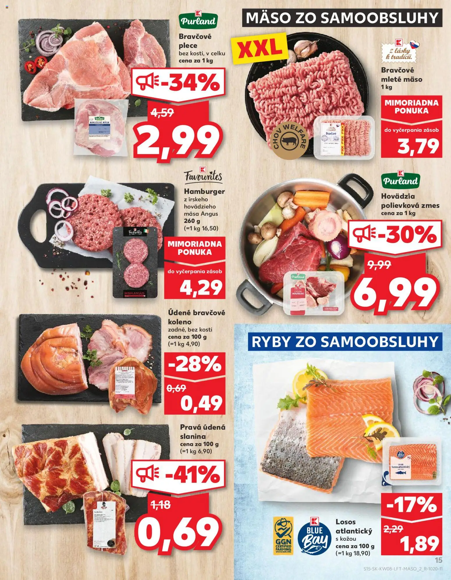 Nové Kaufland akcie – leták je platný od 19.02.2026 | Strana: 15 | Produkty: Ryby, Bravčové koleno, Bravčové plece, Mleté mäso