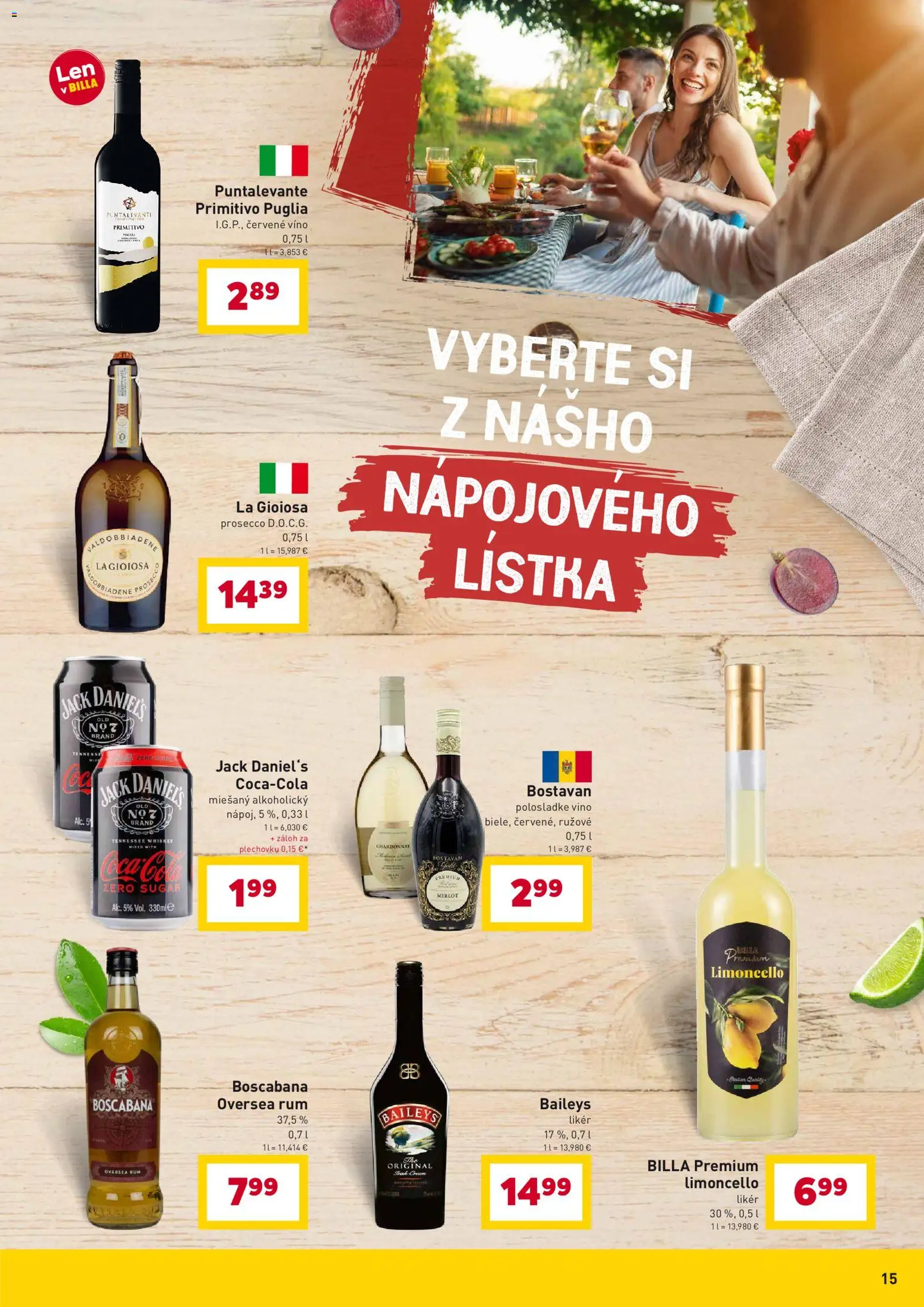 Nové Billa akcie – leták je platný od 07.04.2026 | Strana: 15 | Produkty: Prosecco, Červené víno, Rum, Baileys