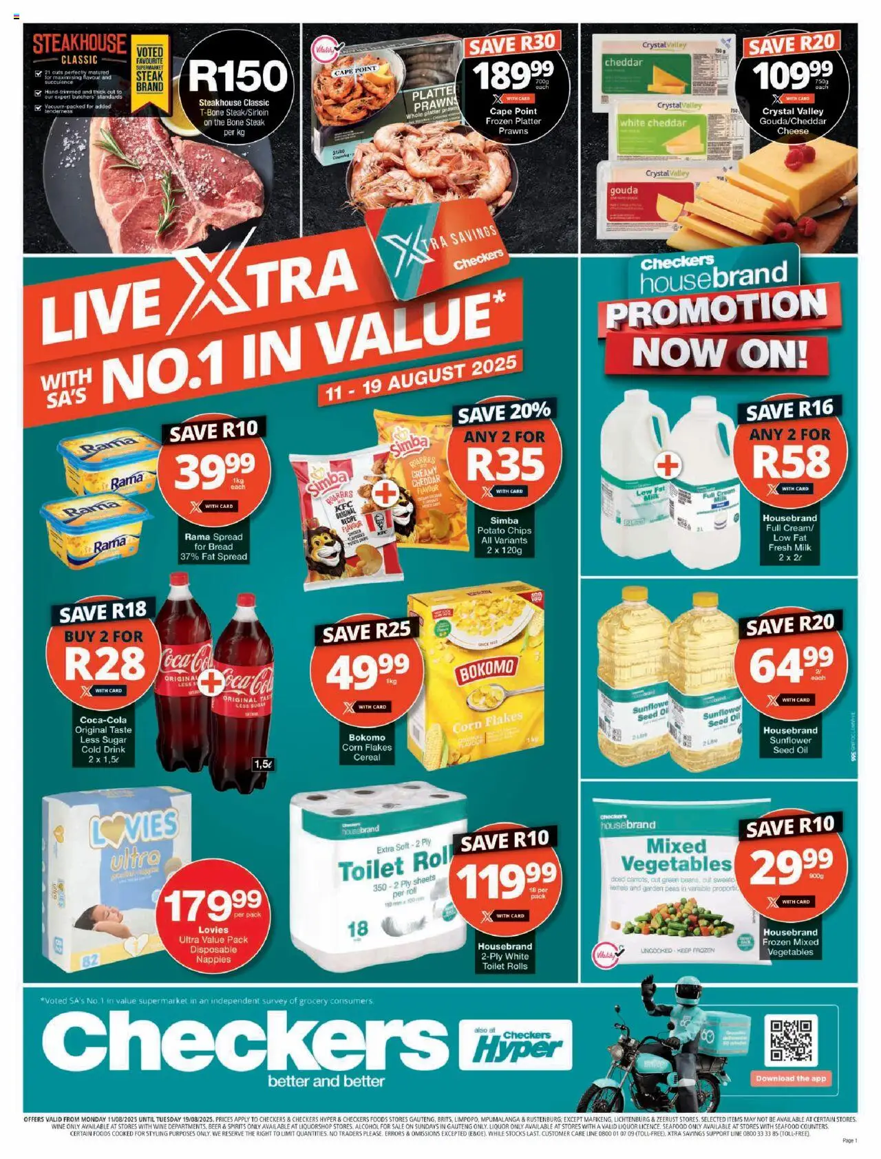 Checkers Gauteng - August Mid-Month Promotion │ valid from 11.08.2025 | Page: 1 | Products: Toilet, Cream, Vegetables, Seafood