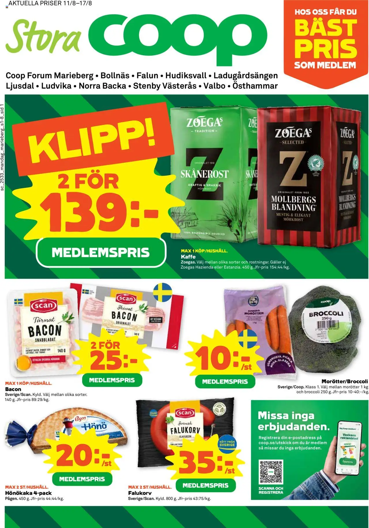 Stora Coop reklamblad aktuell från 11.08.2025 | Sida: 1 | Produkter: Bacon, Falukorv, Kaffe, Broccoli