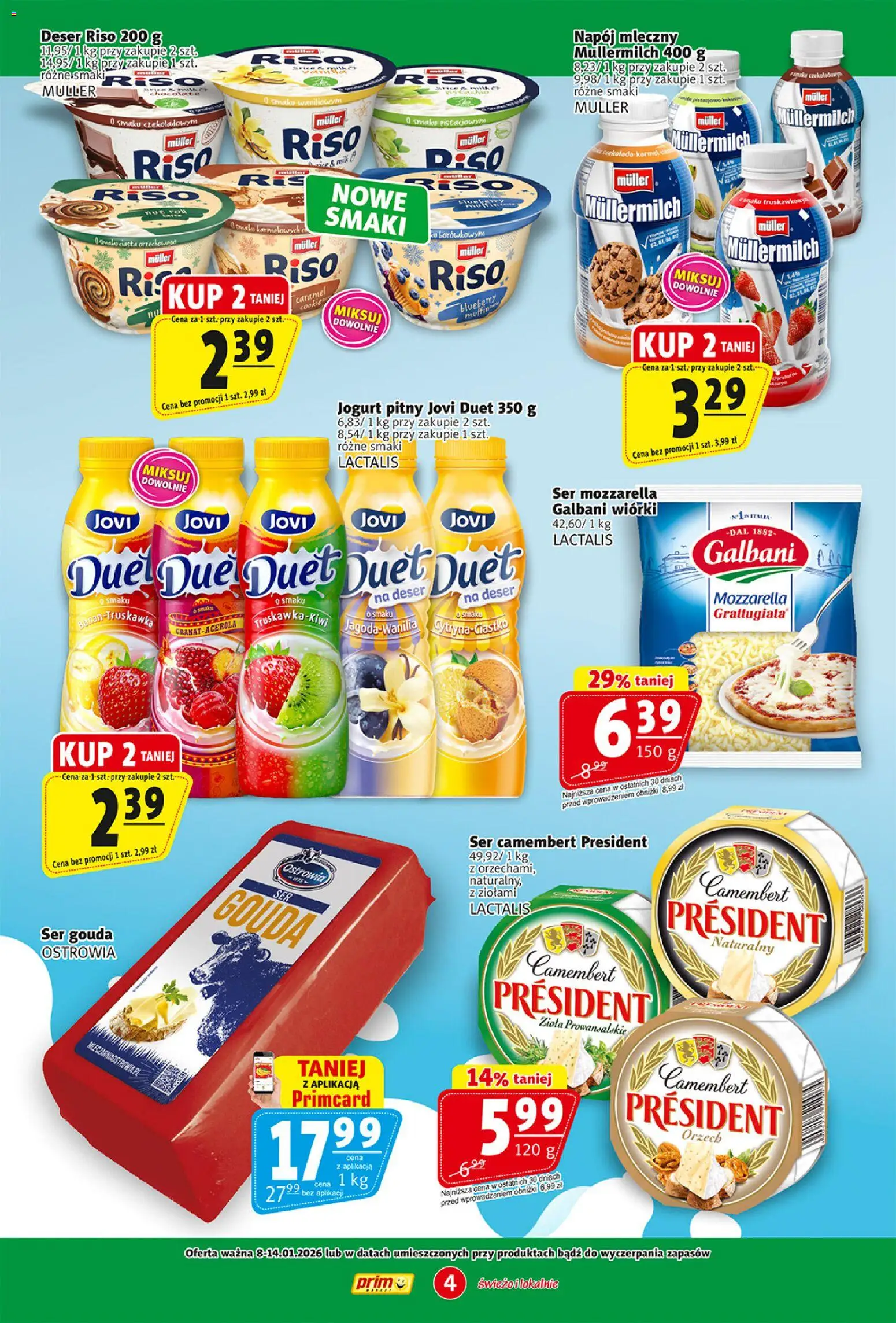 Prim Market Gazetka od 08.01.2026 | Strona: 4 | Produkty: Jogurt pitny, Ser, Jogurt, Mozzarella