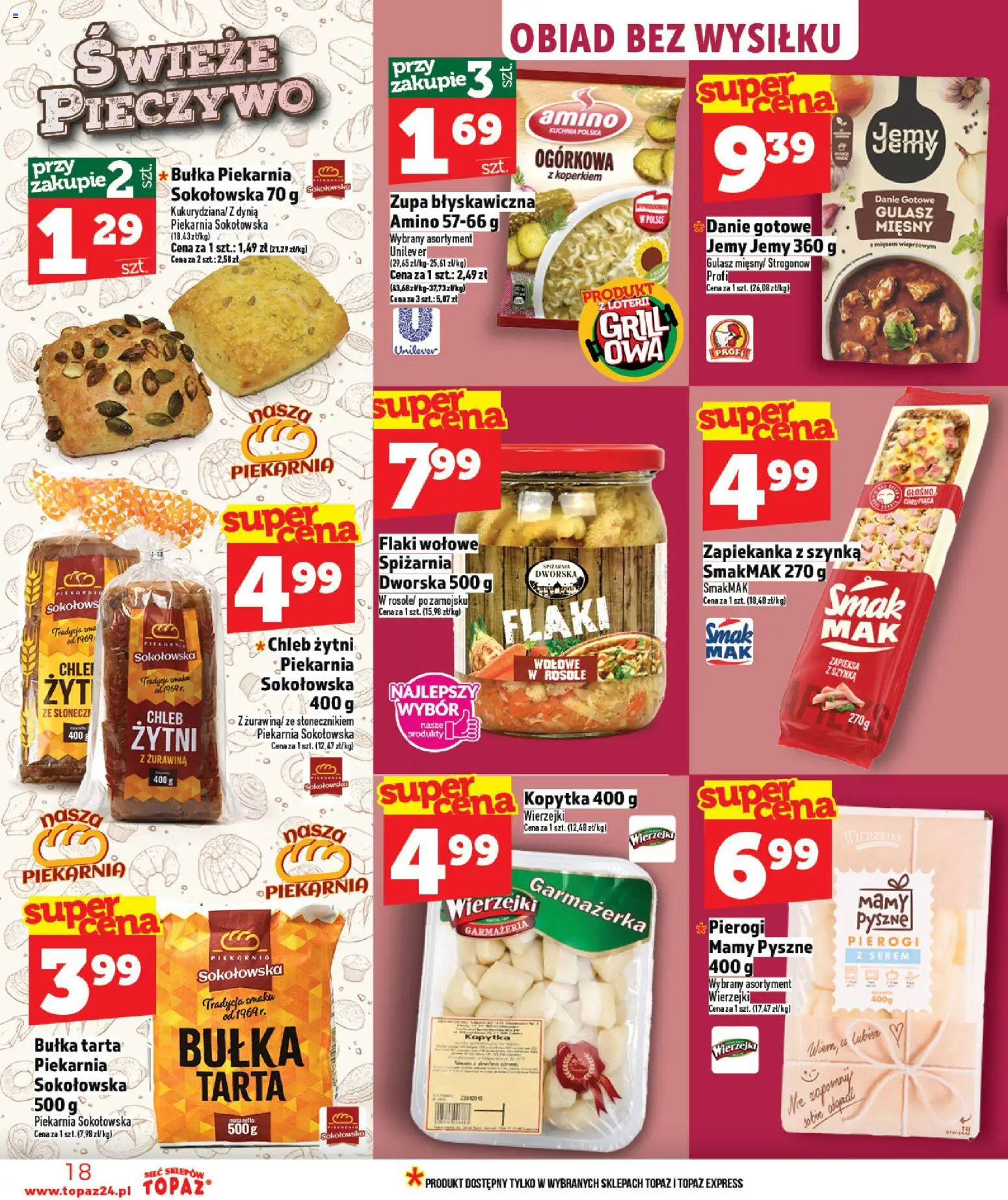 Topaz gazetka - MAZ od 16.04.2026 | Strona: 18 | Produkty: Zapiekanka, Szynka, Chleb, Flaki wołowe