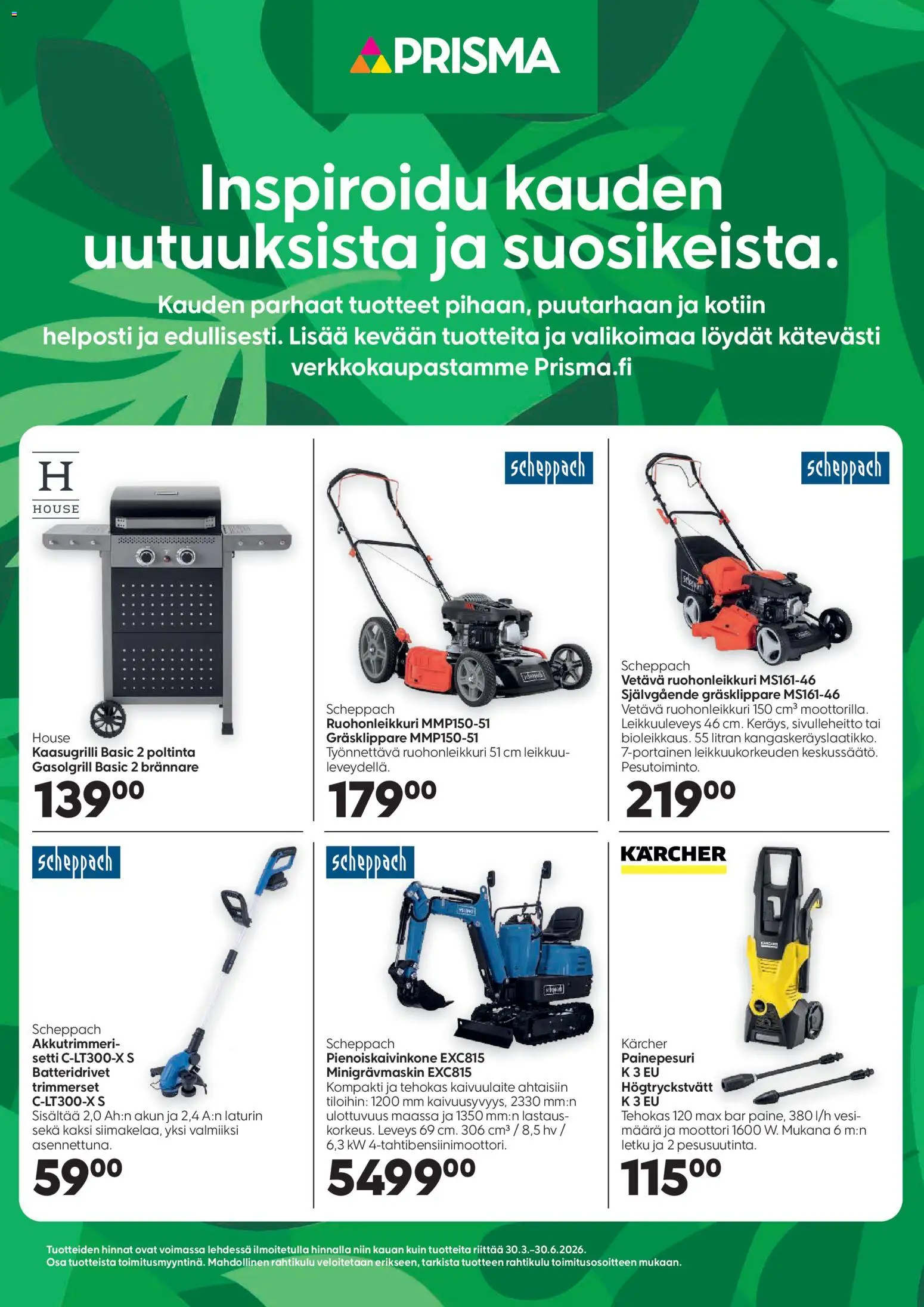 Prisma Kaikkea kotiin ja puutarhaan – voimassa 30.03.2026 alkaen | Sivu: 1 | Tuotteet: Letku, Kaasugrilli, Ruohonleikkuri, Painepesuri