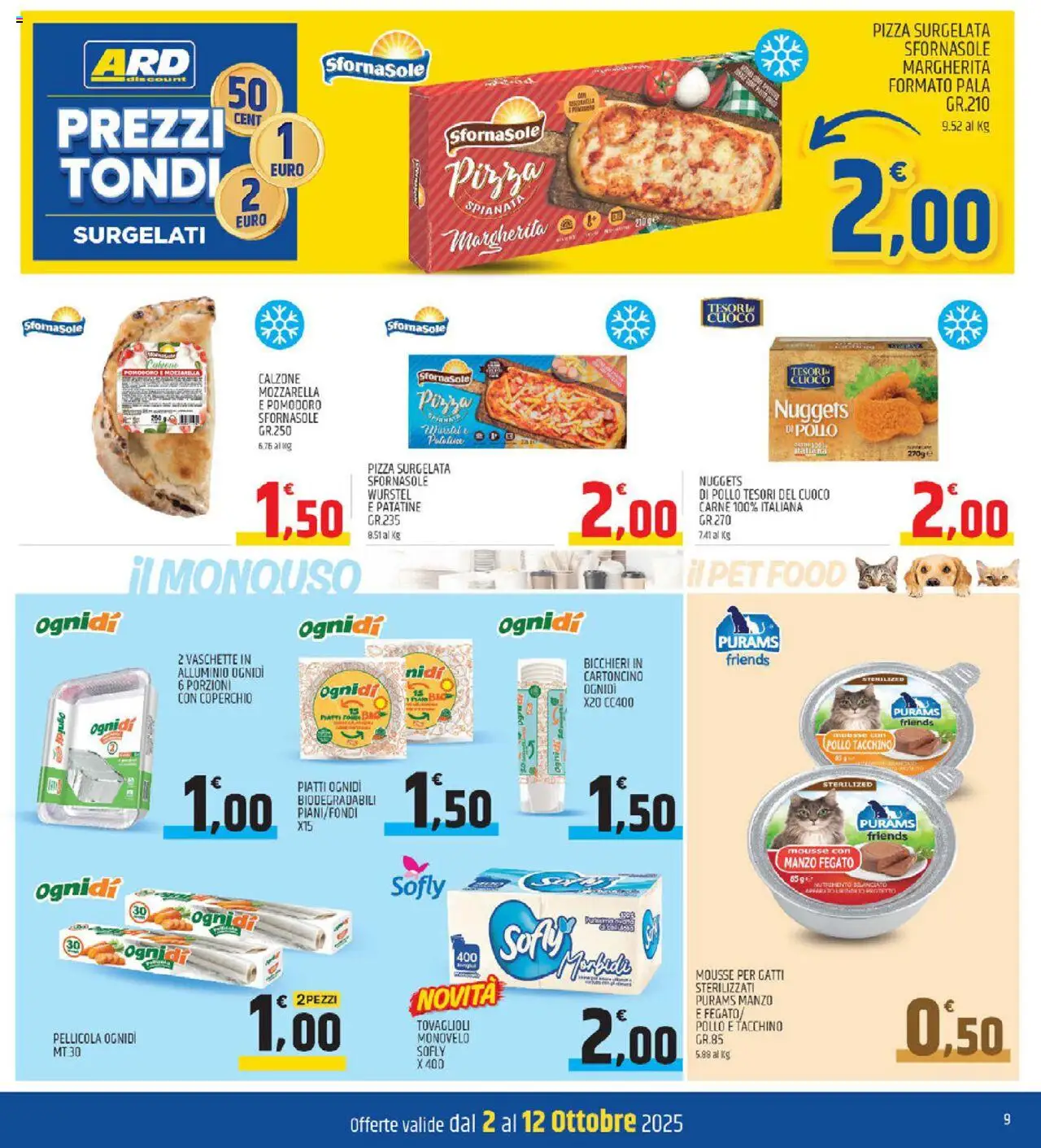 Volantino ARD Discount del 02.10.2025 | Pagina: 9 | Prodotti: Pizza, Pollo, Patatine, Mozzarella