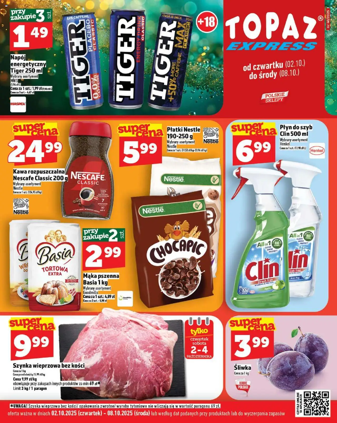 Topaz Gazetka - Express od 02.10.2025 | Strona: 1 | Produkty: Nescafe, Szynka, Kawa, Płatki