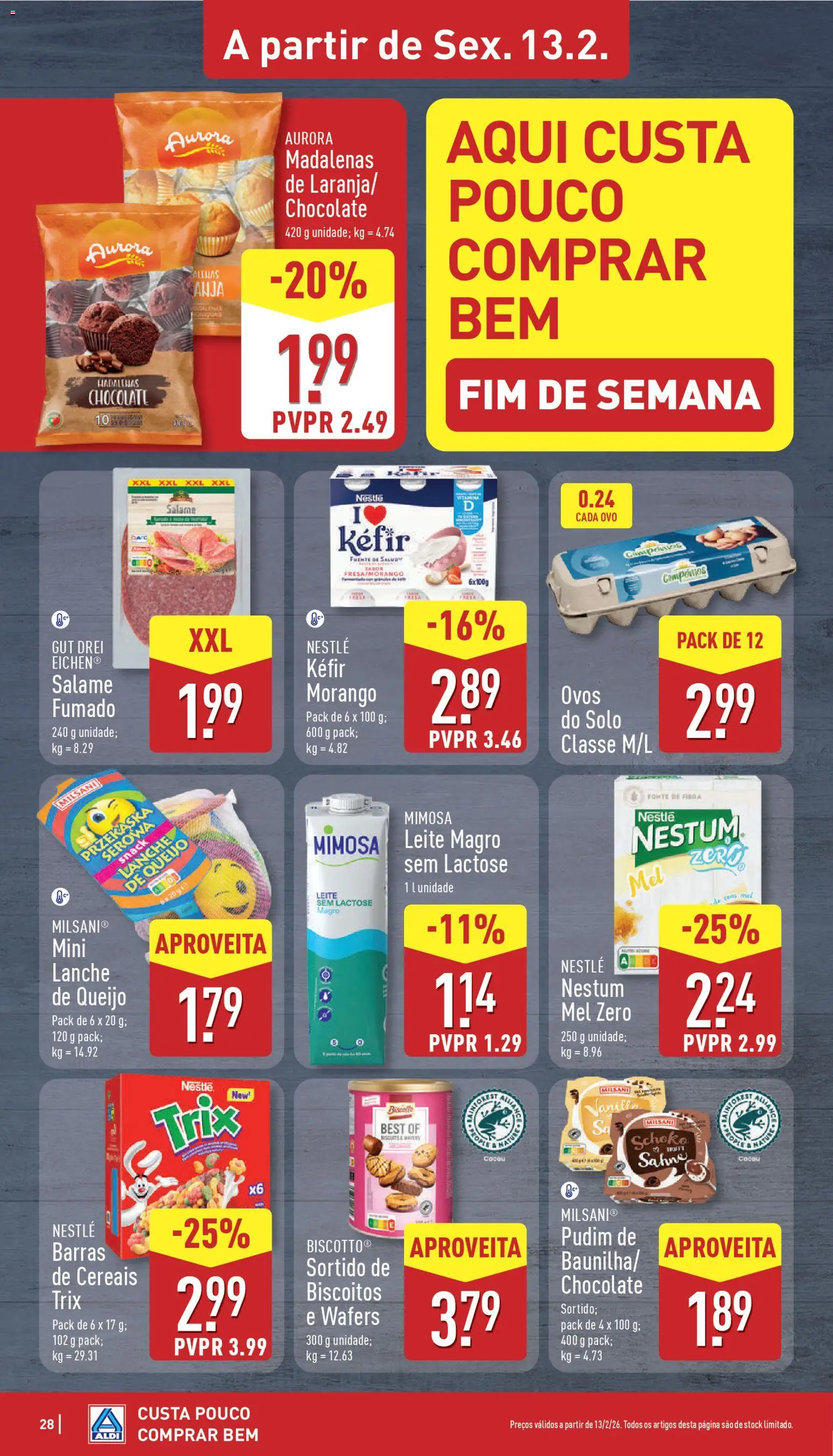 Aldi folheto │ válido de 09.02.2026 | Página: 28 | Produtos: Pudim, Nestlé, Salame, Biscoitos