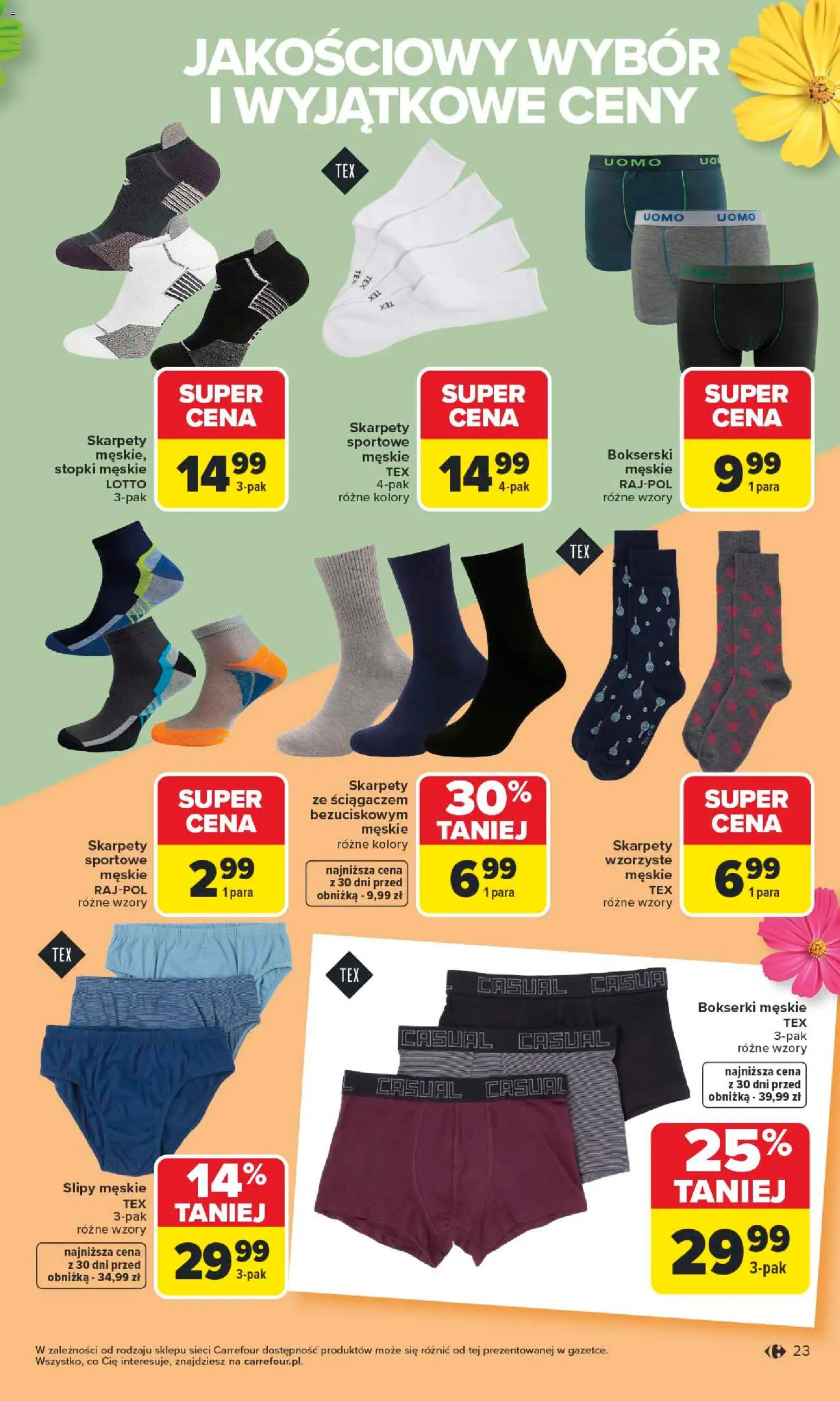 Carrefour gazetka - TEX na spotkanie z wiosną od 07.04.2026 | Strona: 23 | Produkty: Skarpety, Bokserki, Bokserki męskie