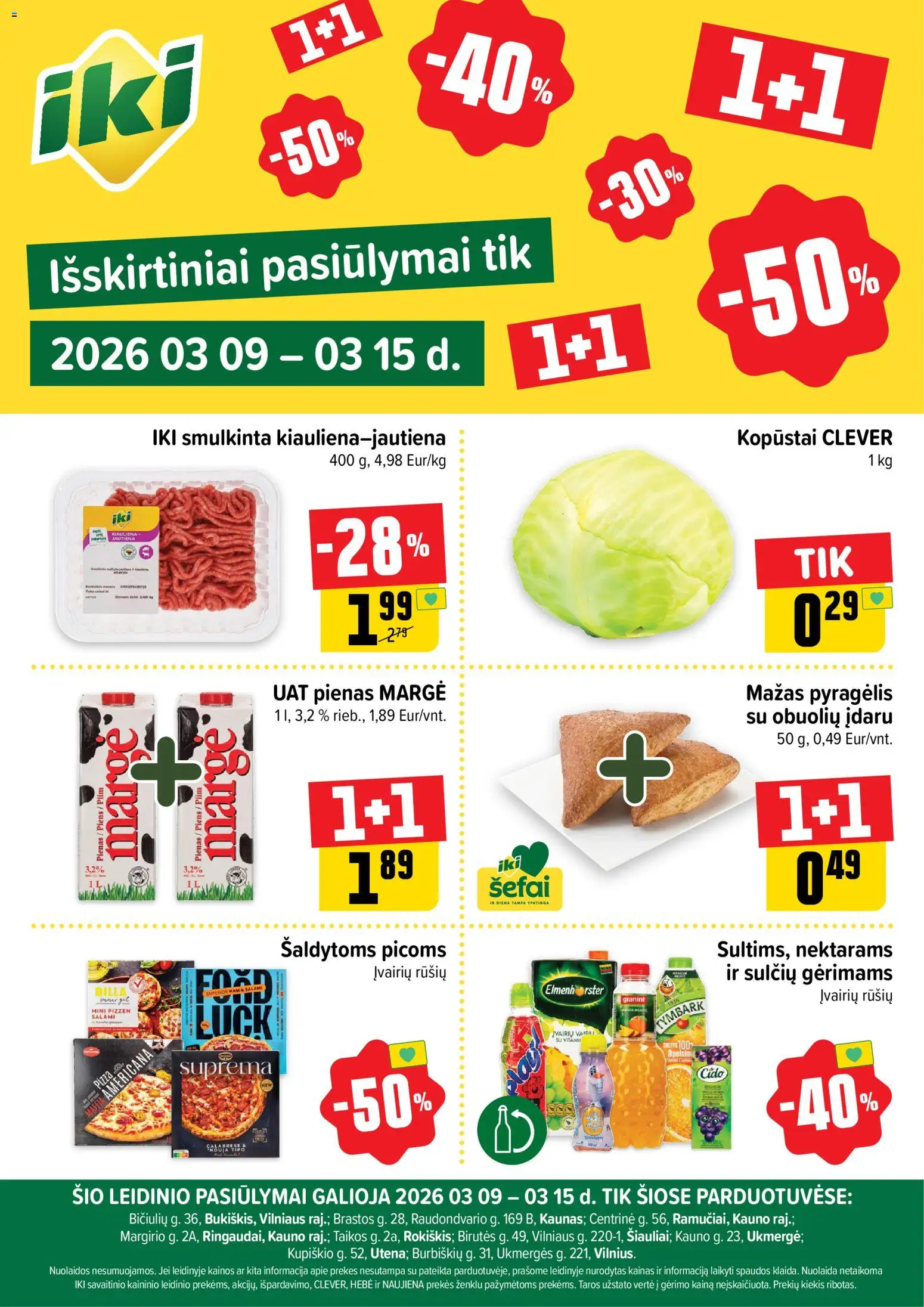 IKI akcijos nuo 09.03.2026 | Puslapis: 1 | Prekių: Pienas, Kiauliena, Jautiena
