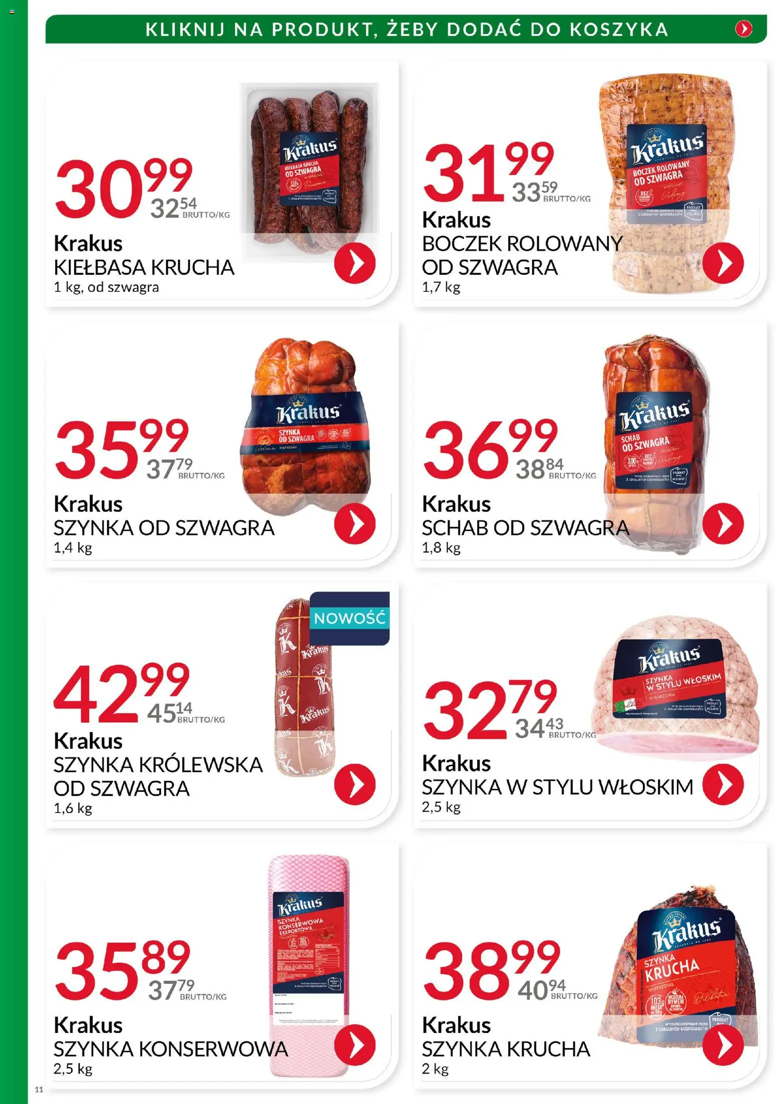 Eurocash Gazetka - Katalog Wędlin od 01.12.2025 | Strona: 11 | Produkty: Schab, Szynka, Boczek, Szynka konserwowa krakus