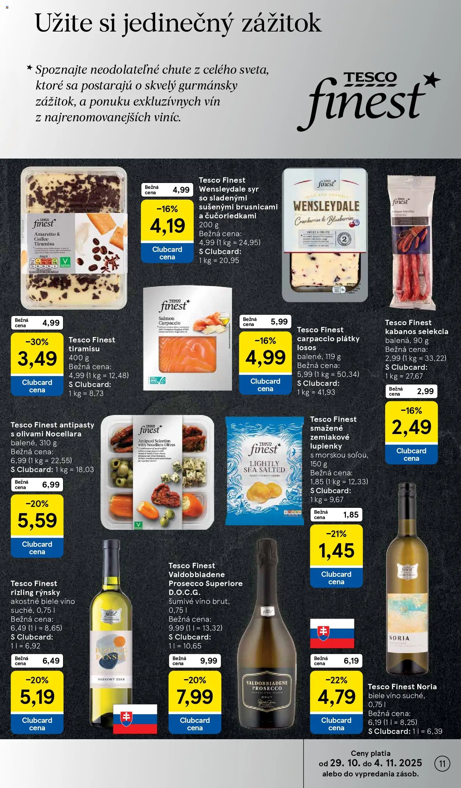 Nové Tesco akcie – leták je platný od 29.10.2025 | Strana: 11 | Produkty: Syr, Biele víno, Prosecco, Losos