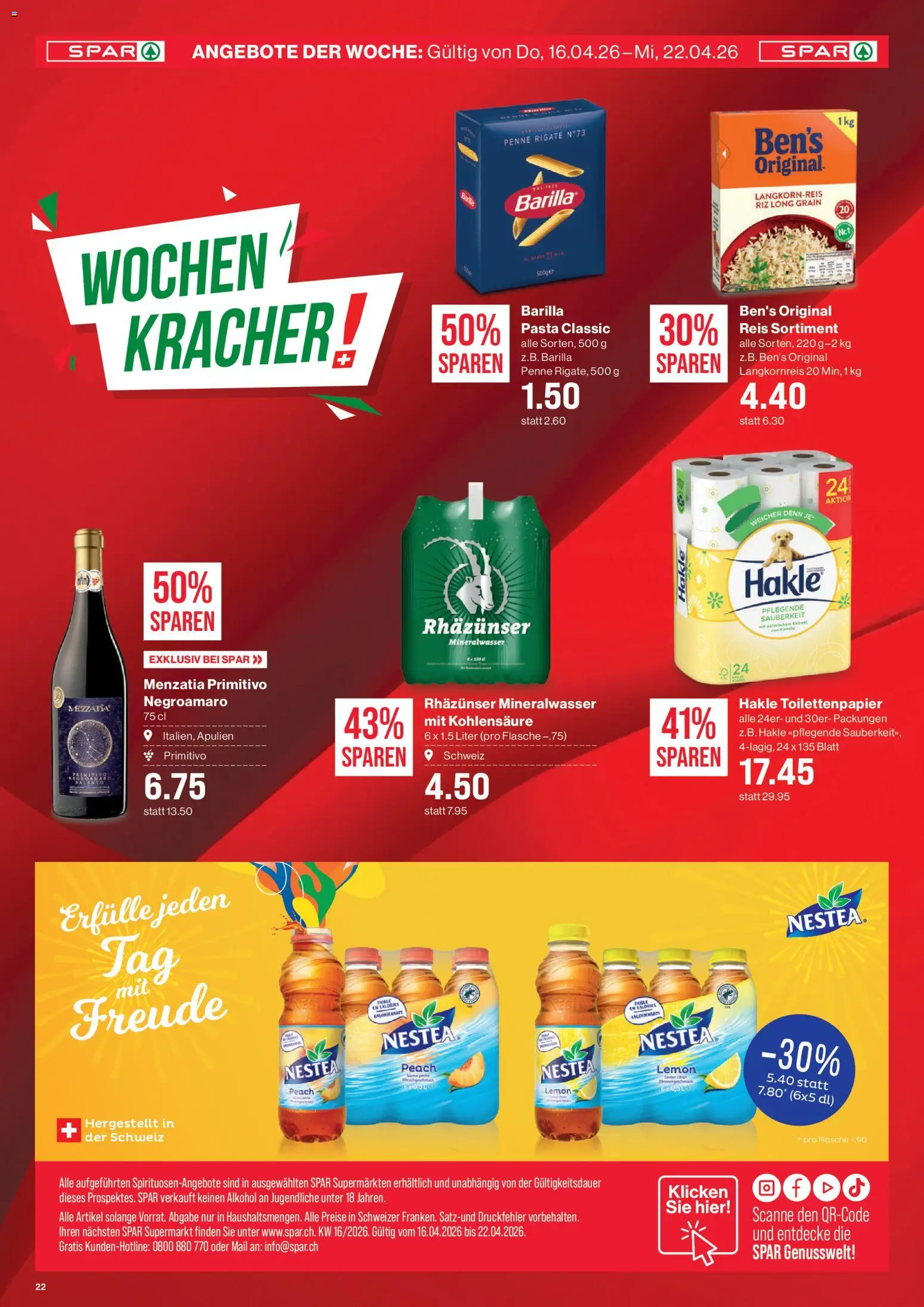 SPAR - SPAR Handels AG – gültig ab 16.04.2026 | Seite: 22 | Produkte: Barilla, Mineralwasser, Reis, Toilettenpapier