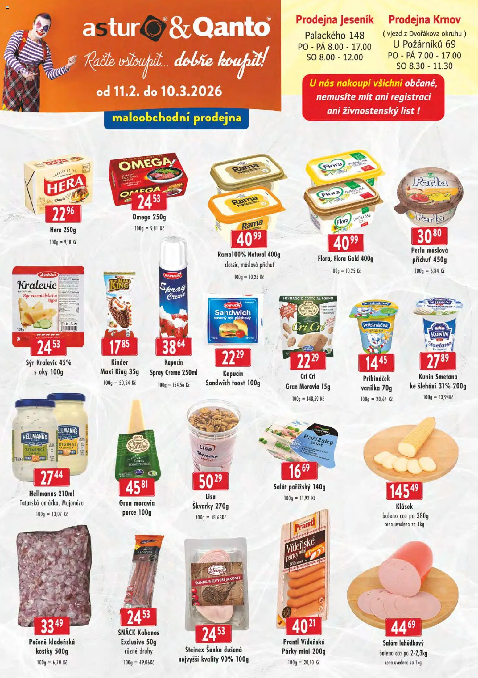 Astur & Qanto leták - cash&carry Jeseník, Krnov od 11.02.2026 | Strana: 1 | Produkty: Salám, Rama, Majonéza, Flora gold