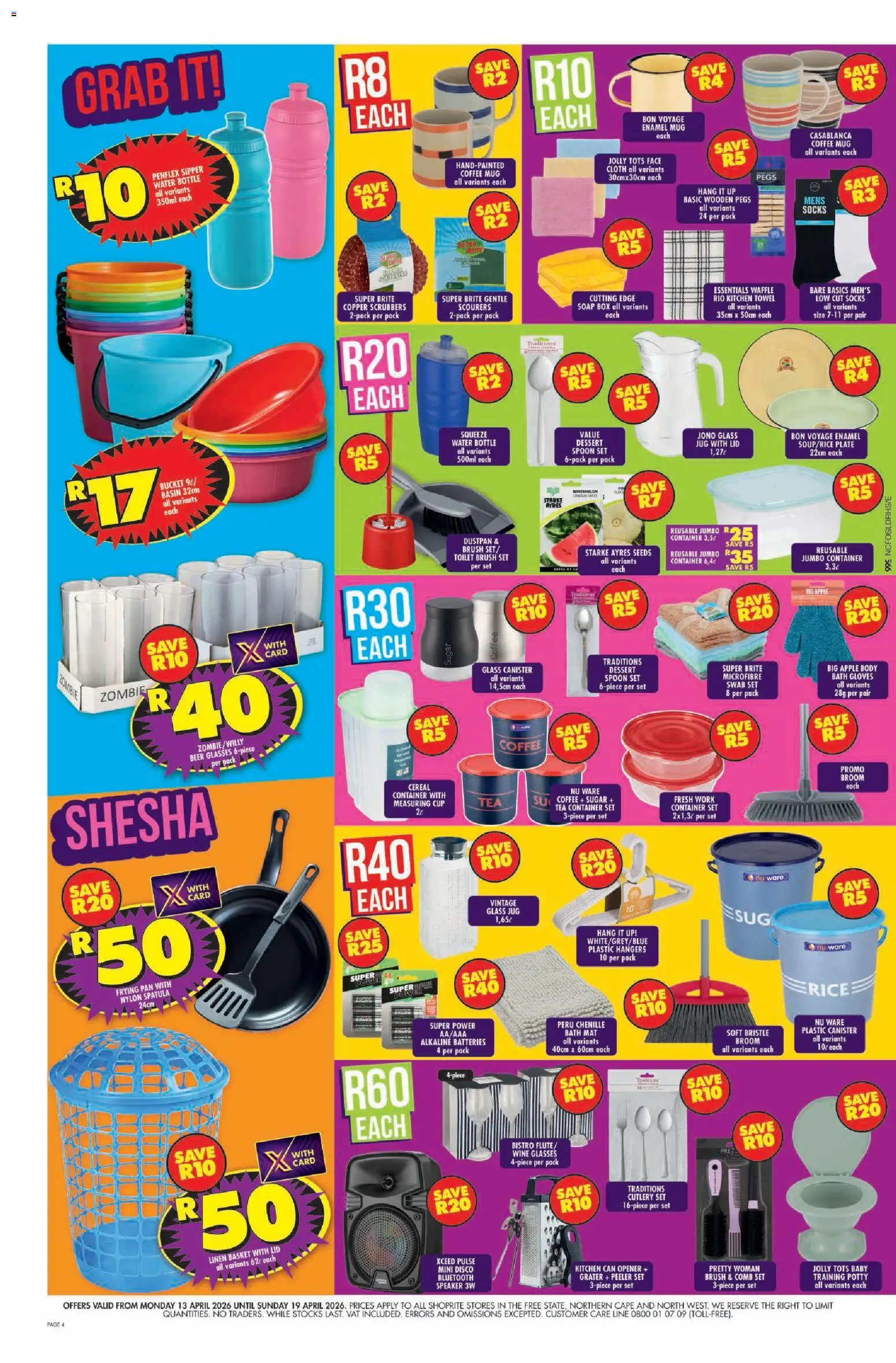 New Shoprite catalogue – valid from 13.04.2026 | Page: 4 | Products: Glasses, Speaker, Box, Broom