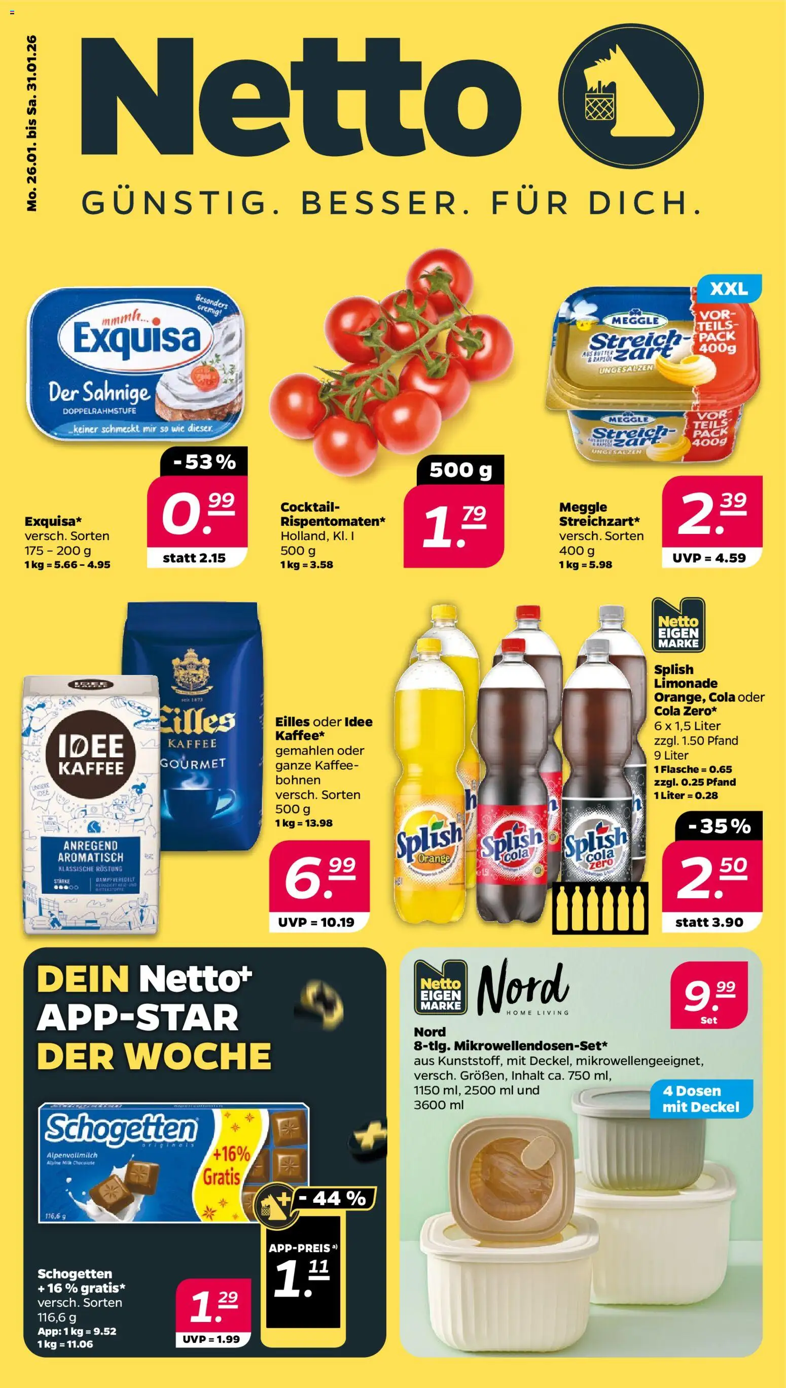 Netto Prospekt 	 – gültig ab 25.01.2026 | Seite: 1 | Produkte: Cola, Kaffee, Limonade, Schogetten