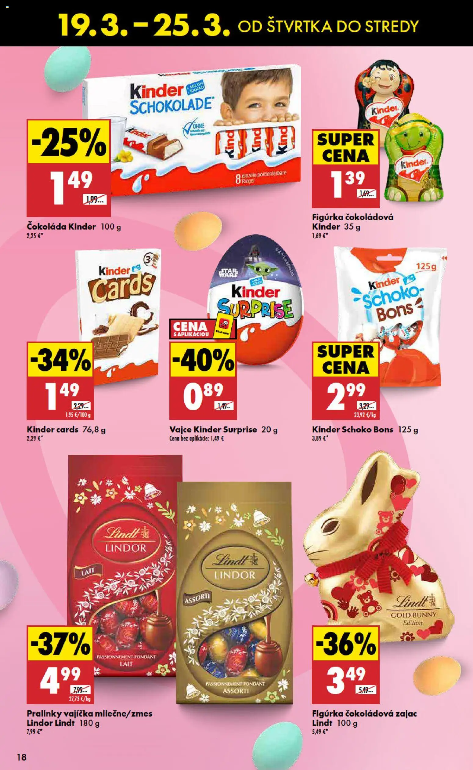 Nové Biedronka akcie – leták je platný od 19.03.2026 | Strana: 18 | Produkty: Lindor, Lindt, Kinder Surprise, Čokoláda