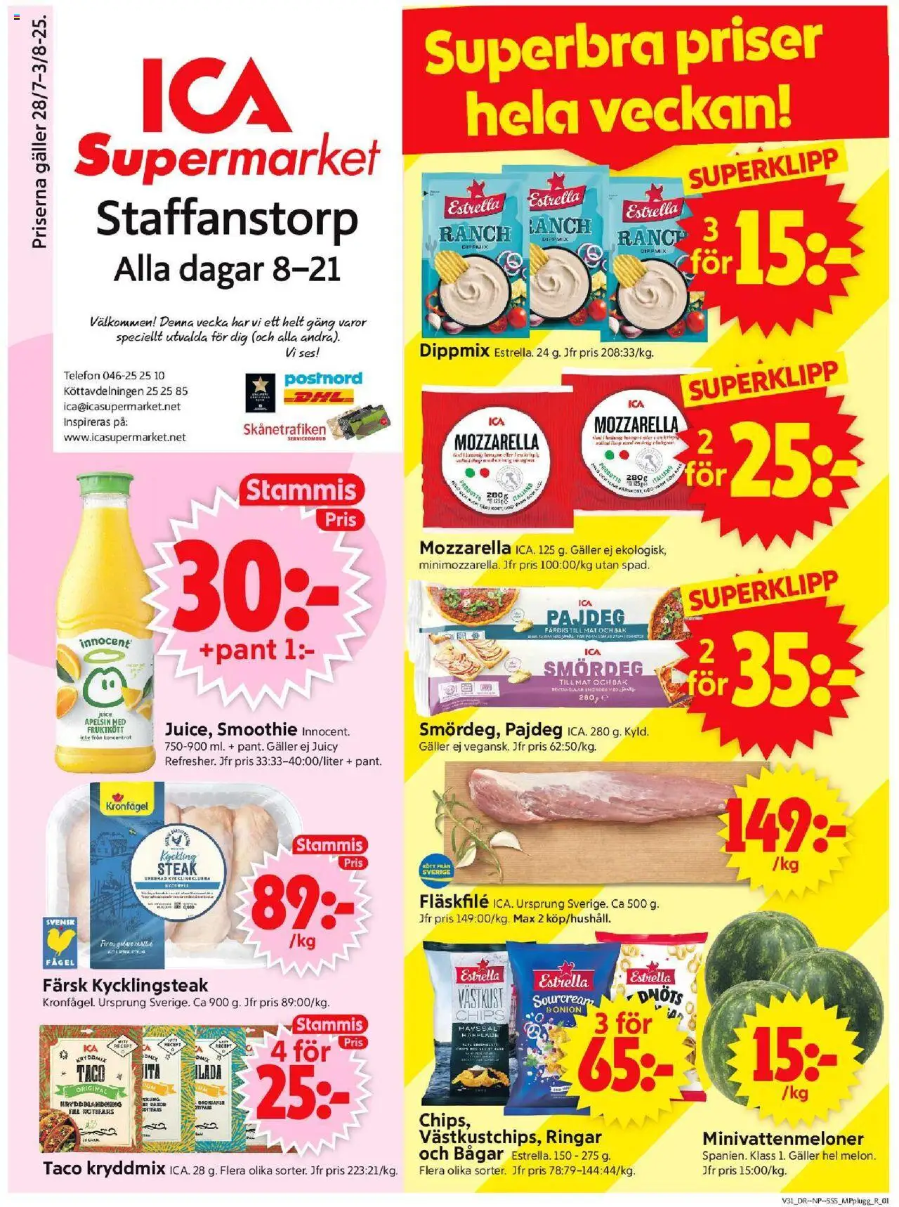ICA Supermarket reklamblad aktuell från 28.07.2025 | Sida: 1 | Produkter: Kycklingklubba, Galler, Apelsin, Telefon