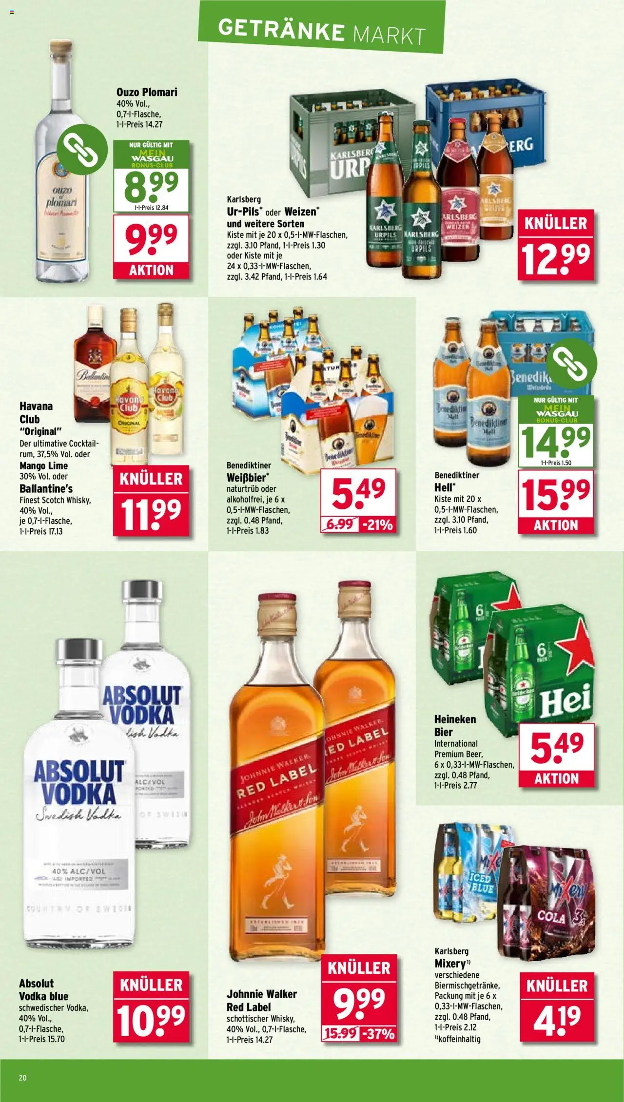 Wasgau Prospekt 	 – gültig ab 29.09.2025 | Seite: 20 | Produkte: Ouzo, Cola, Bier, Heineken