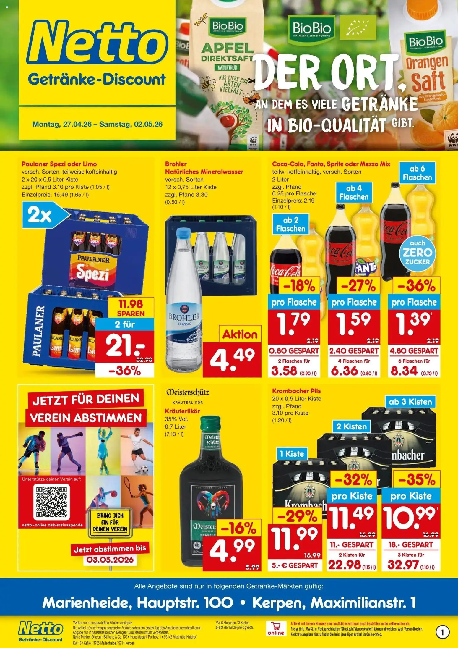 Netto Marken-Discount Prospekt Marienheide	 – gültig ab 27.04.2026 | Seite: 1 | Produkte: Paulaner spezi, Orangen, Orangensaft, Saft