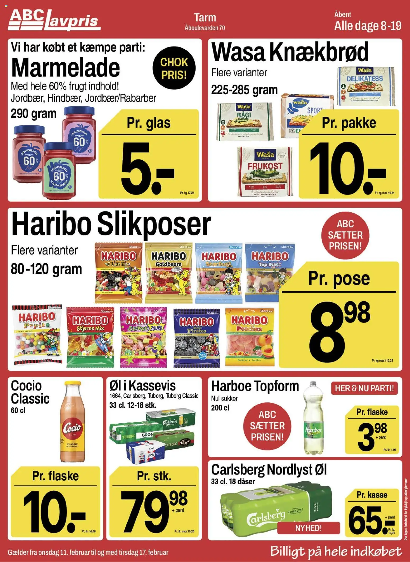 Abc Lavpris tilbudsavis – gyldig fra 11.02.2026 | Side: 1 | Produkter: Ferskner, Knækbrød, Marmelade, Sukker