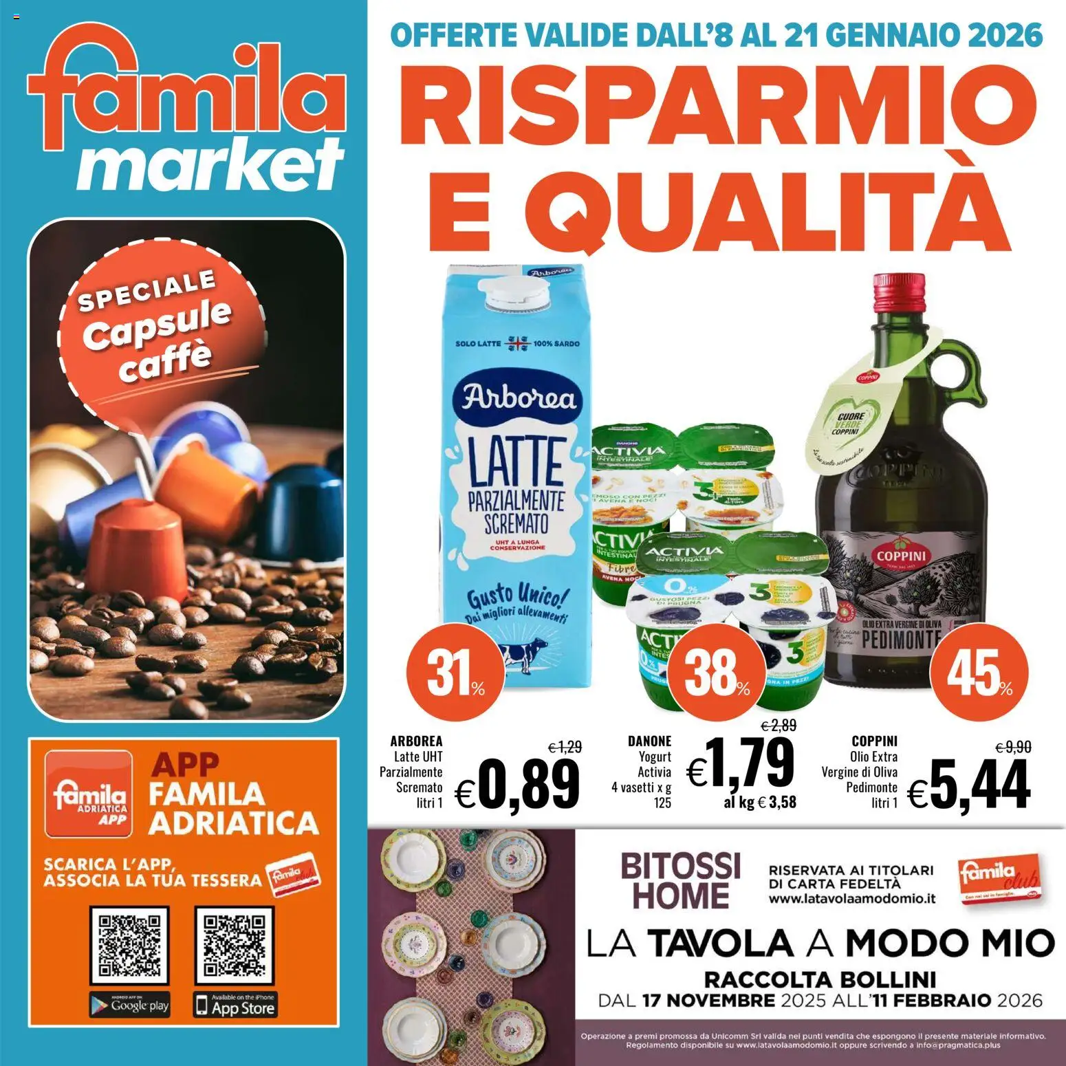 Volantino Famila del 08.01.2026 | Pagina: 1 | Prodotti: Yogurt, Caffè, The, Olio extra vergine
