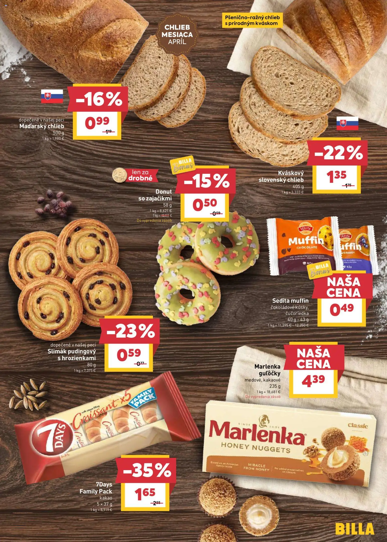 Nové Billa akcie – leták je platný od 22.04.2026 | Strana: 7 | Produkty: Chlieb, Donut, Croissant, Kakao