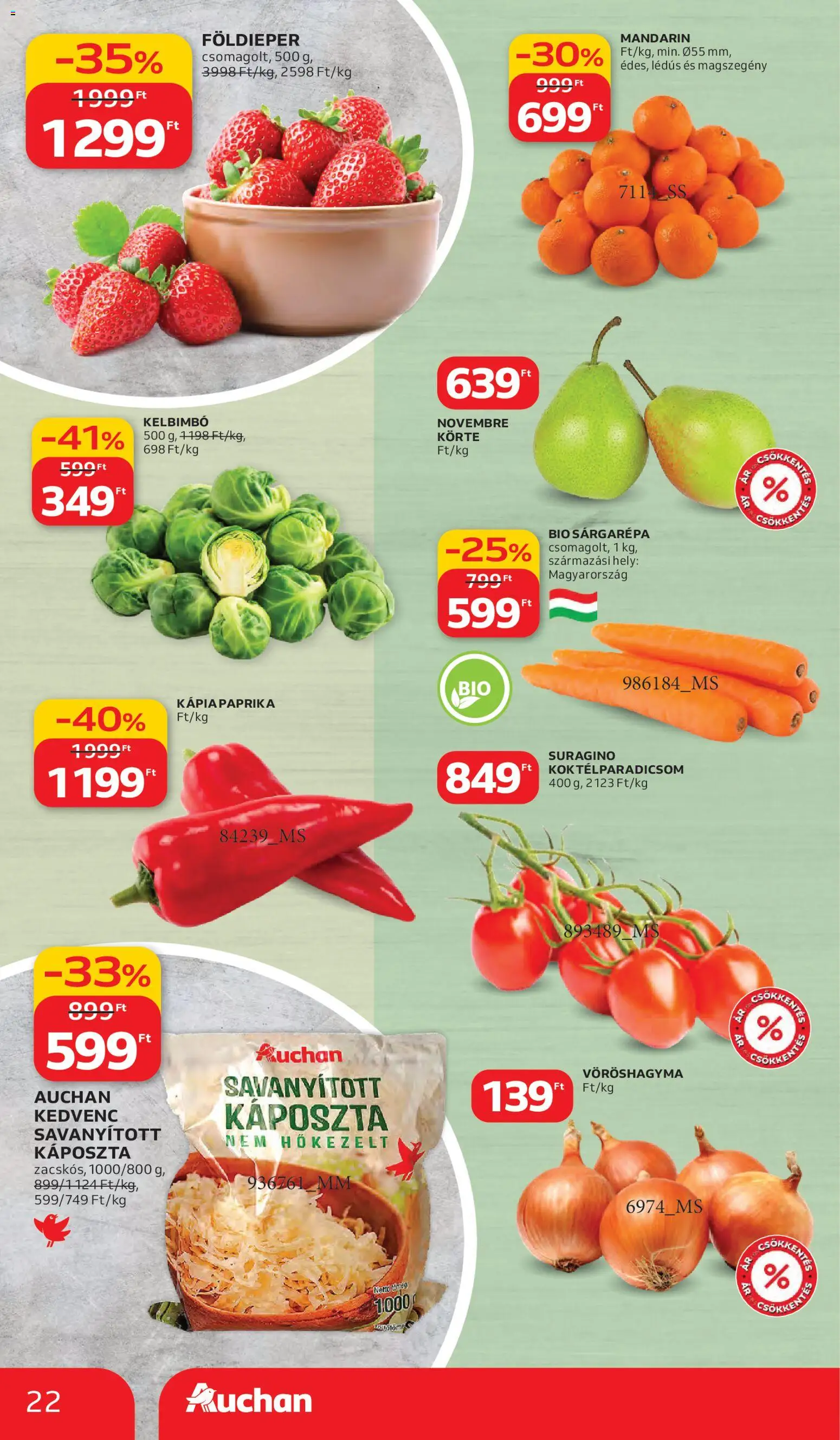 Auchan akciós ujság - amely érvényes a következő dátumtól: 05.03.2026 | Oldal: 22 | Termékek: Körte, Vöröshagyma, Mandarin, Kelbimbó