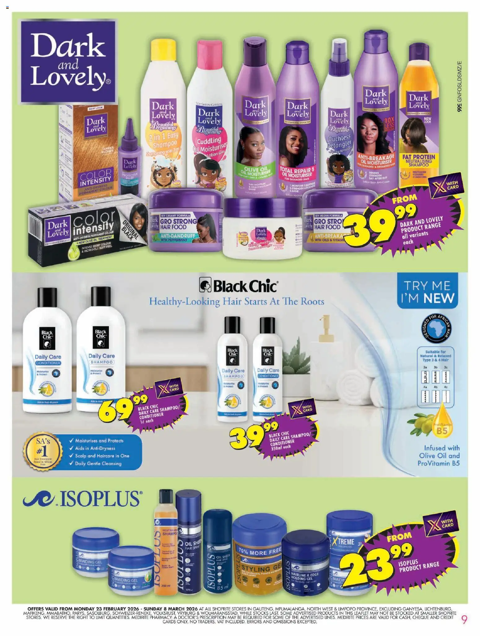New Shoprite catalogue – valid from 23.02.2026 | Page: 9 | Products: Detergente líquido, Oil, Conditioner, Hair spray