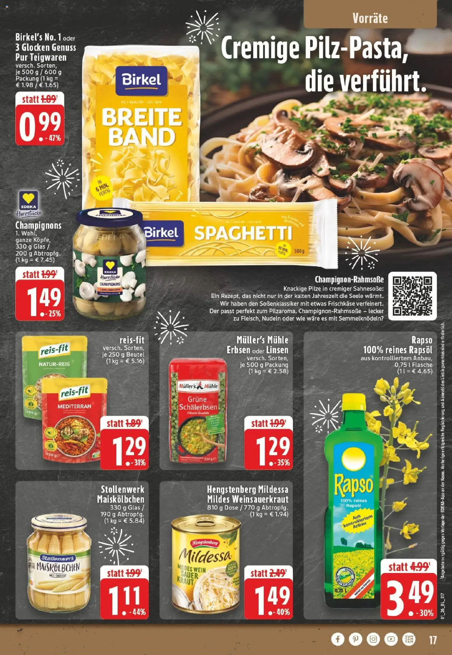 Edeka prospekt Bad Lippspringe	 – gültig ab 28.12.2025 | Seite: 17 | Produkte: Champignons, Pasta, Nudeln, Frischkase