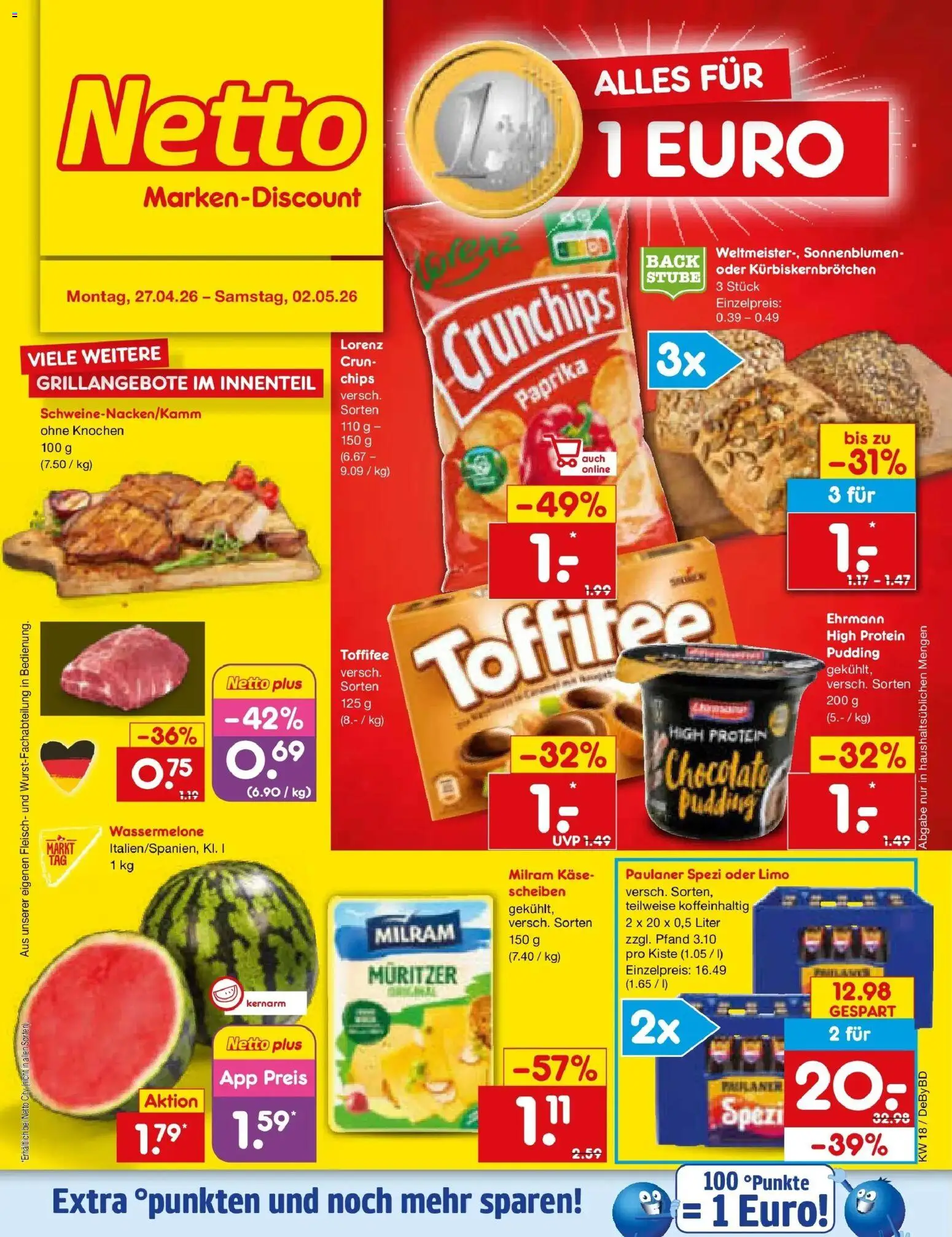 Netto Marken-Discount Prospekt Buttenwiesen	 – gültig ab 27.04.2026 | Seite: 1 | Produkte: Paprika, Wassermelone, Lorenz crunchips, Fleisch