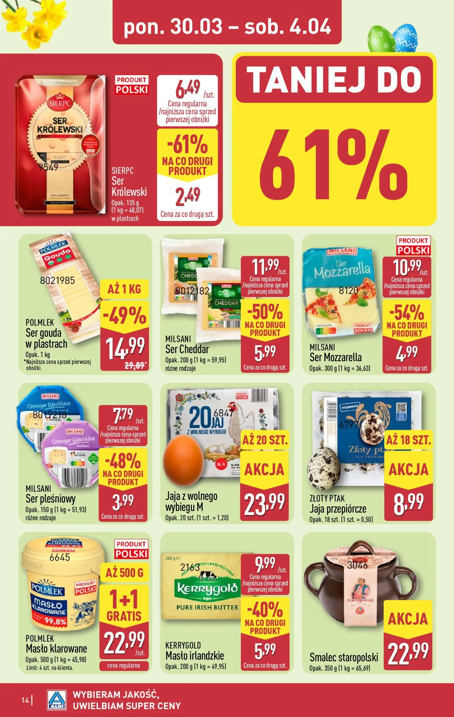 Aldi gazetka od 30.03.2026 | Strona: 14 | Produkty: Ser pleśniowy, Masło klarowane, Masło irlandzkie, Ser gouda