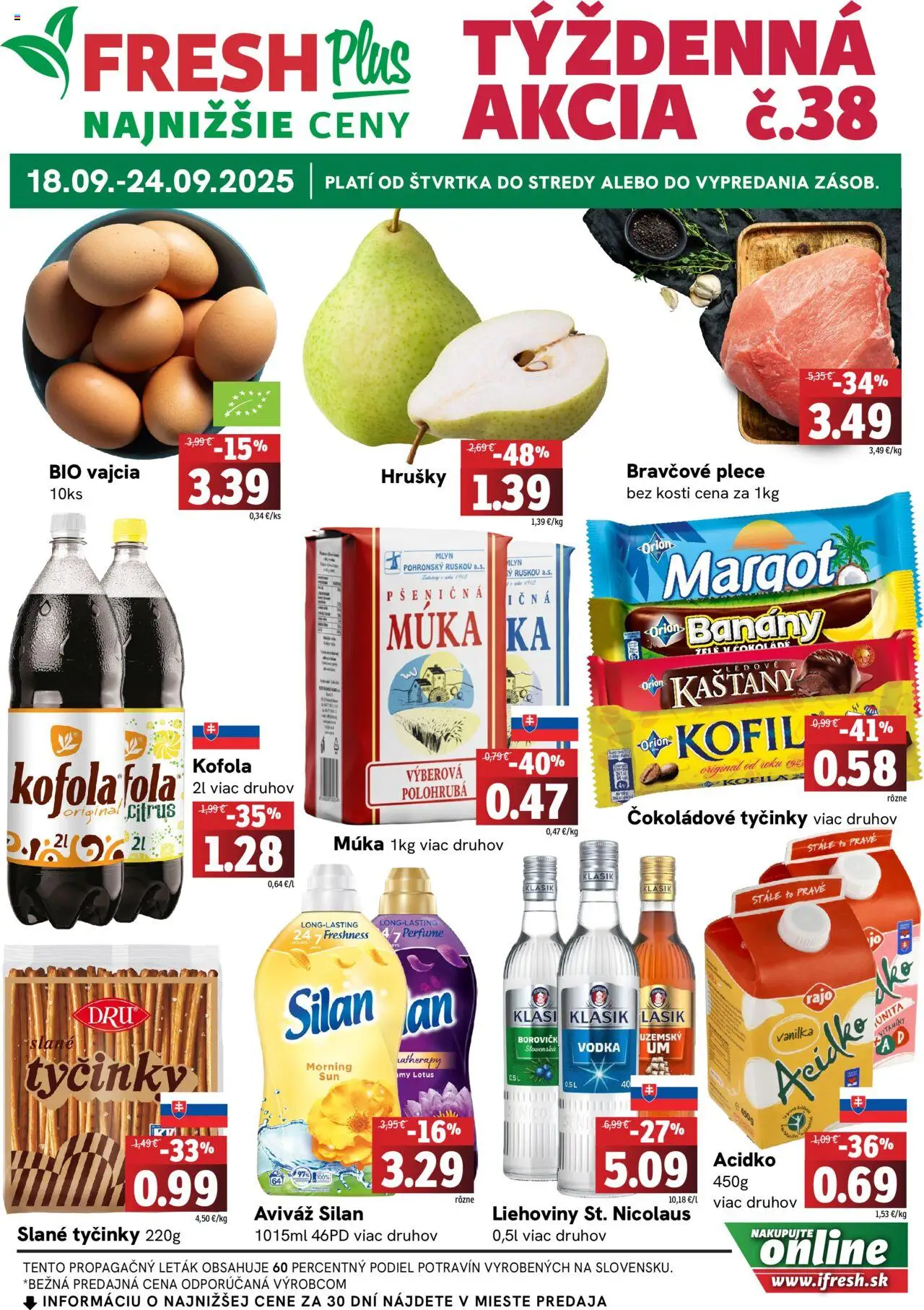 Nové Fresh akcie – leták je platný od 18.09.2025 | Strana: 1 | Produkty: Bravčové plece, Silan, Kofola, Múka