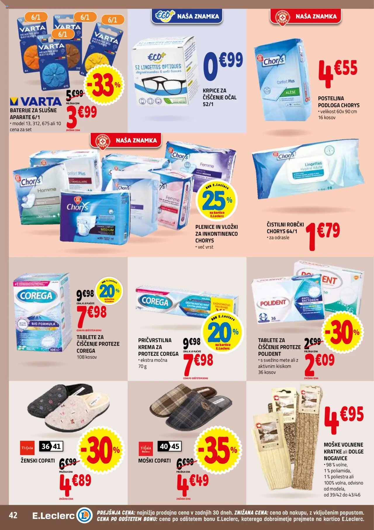 Novi E.leclerc katalog ponudbe – veljaven od 17.09.2025 | Stran: 42 | Izdelki: Plenice, Baterije, Podloga, Nogavice