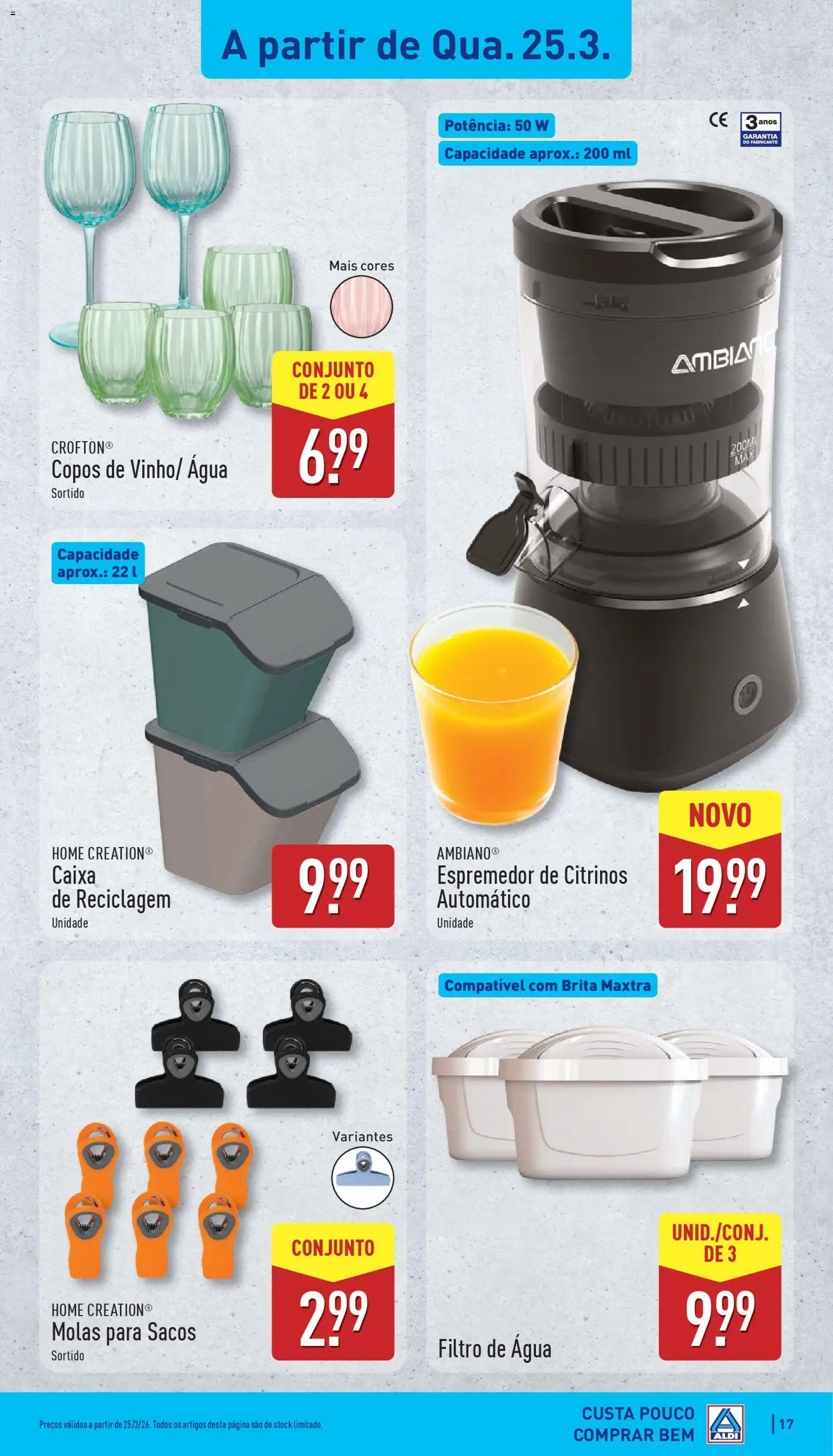 Aldi folheto │ válido de 23.03.2026 | Página: 17 | Produtos: Agua, Copos, Espremedor, Caixa