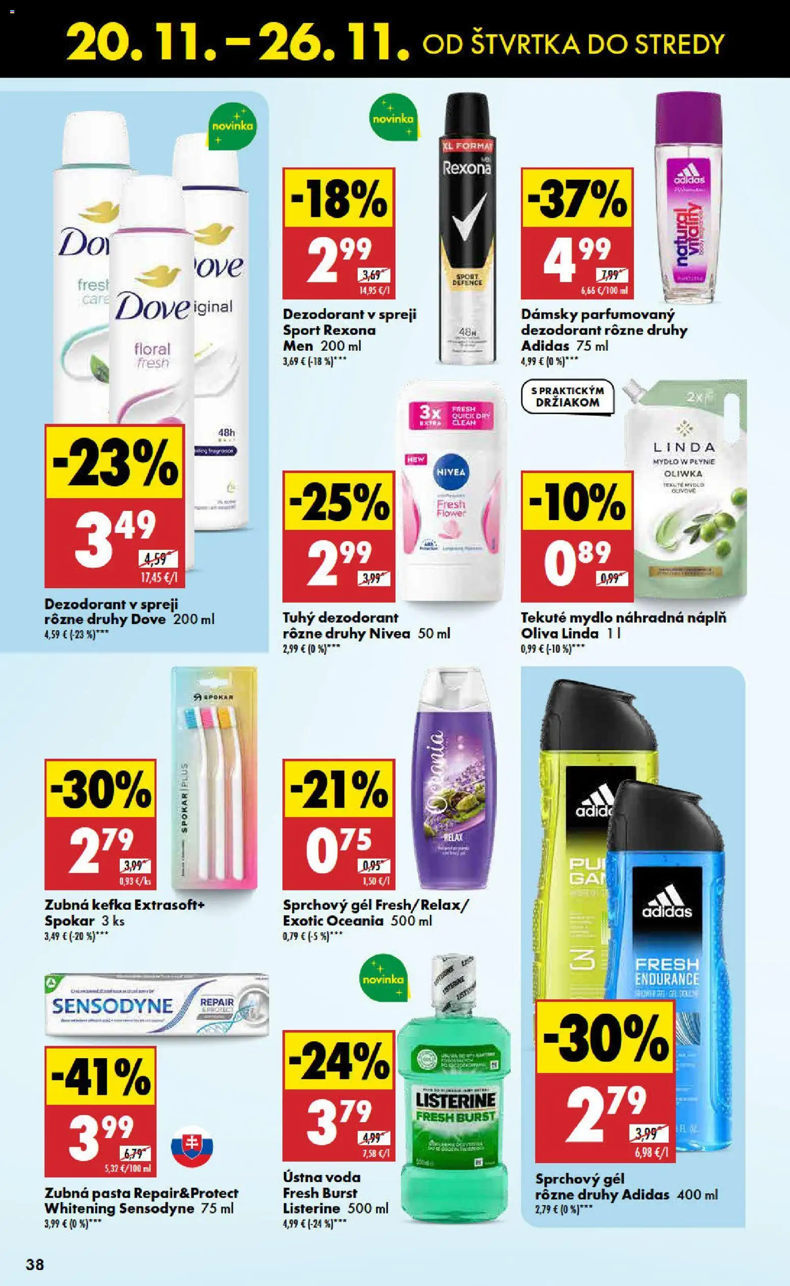 Nové Biedronka akcie – leták je platný od 20.11.2025 | Strana: 38 | Produkty: Zubná kefka, Listerine, Mydlo, Ústna voda