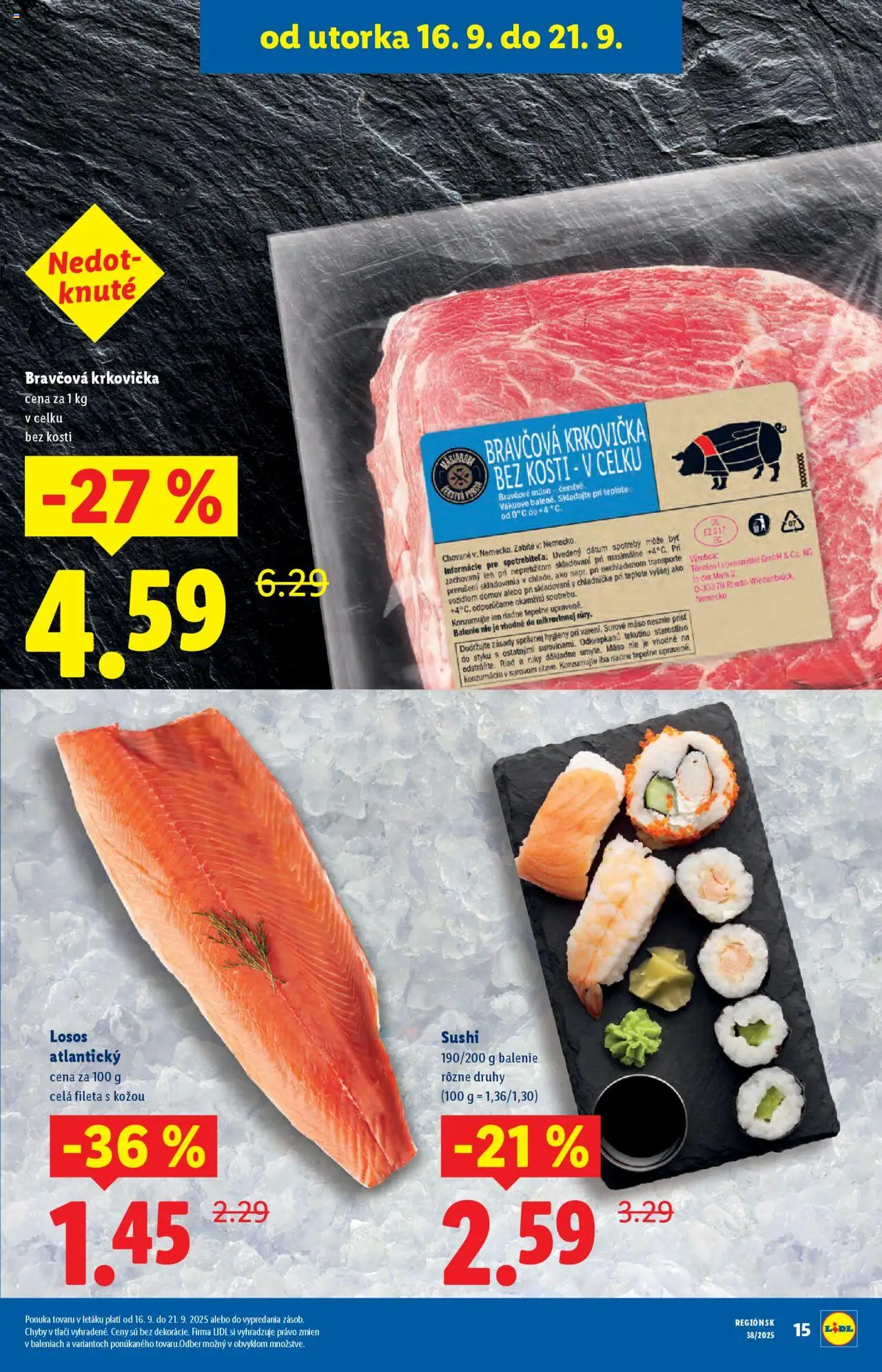Nové Lidl akcie – leták je platný od 16.09.2025 | Strana: 15 | Produkty: Bravčová krkovička, Losos, Krkovička, Sushi