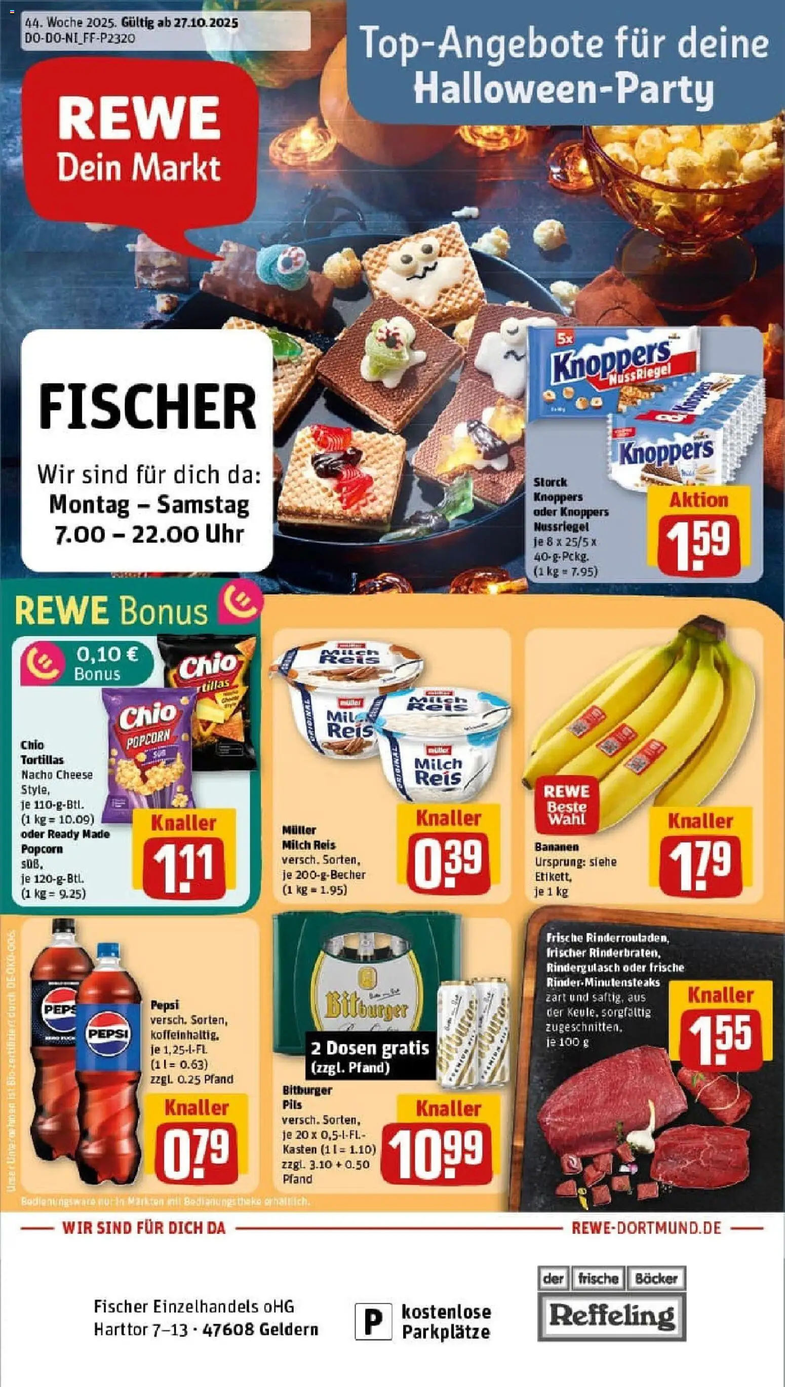 Rewe prospekt Geldern	 – gültig ab 26.10.2025 | Seite: 1 | Produkte: Rindergulasch, Bananen, Pudding, Chio tortillas