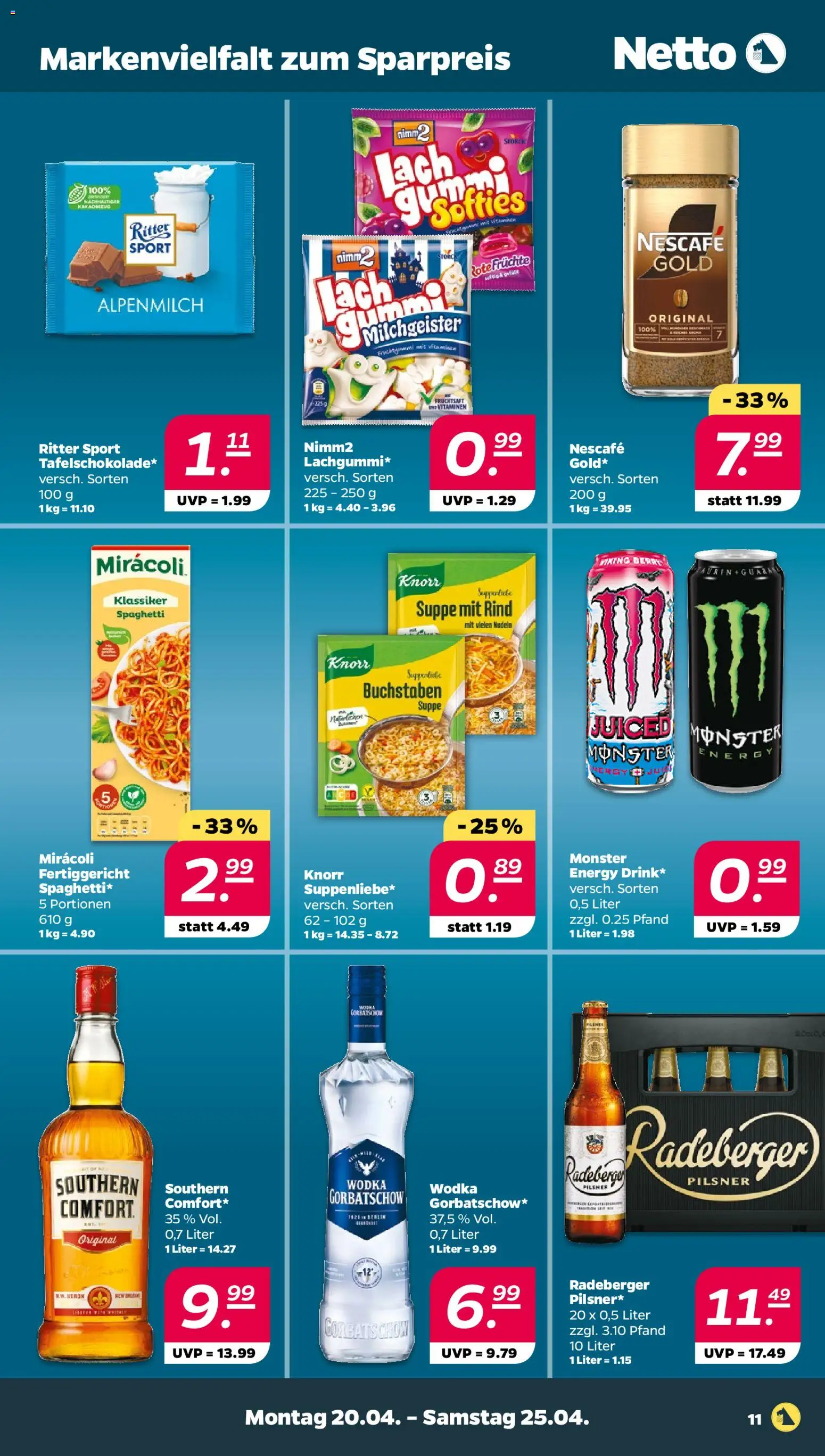Netto Prospekt 	 – gültig ab 20.04.2026 | Seite: 11 | Produkte: Ritter sport, Knorr, Nudeln, Wodka