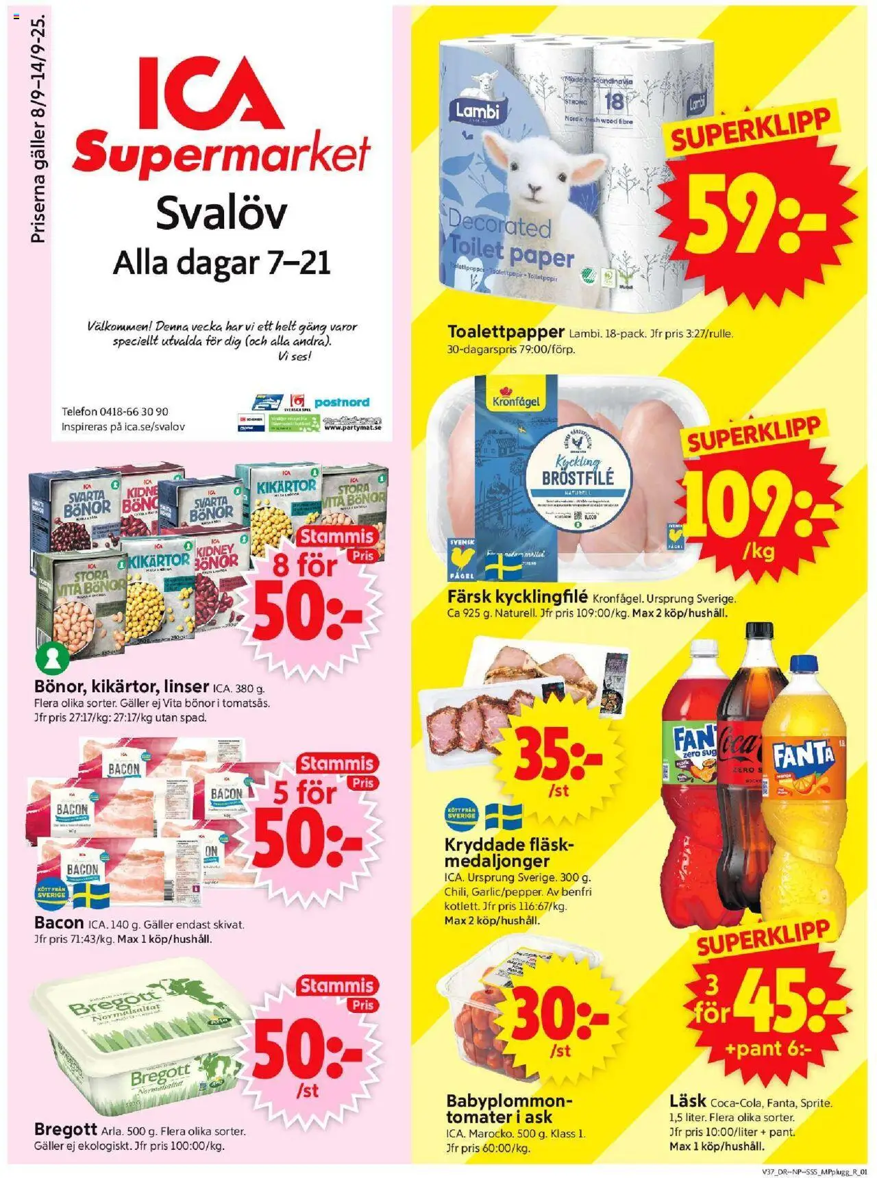 ICA Supermarket reklamblad aktuell från 08.09.2025 | Sida: 1 | Produkter: Bregott, Fläsk, Tomater, Bönor