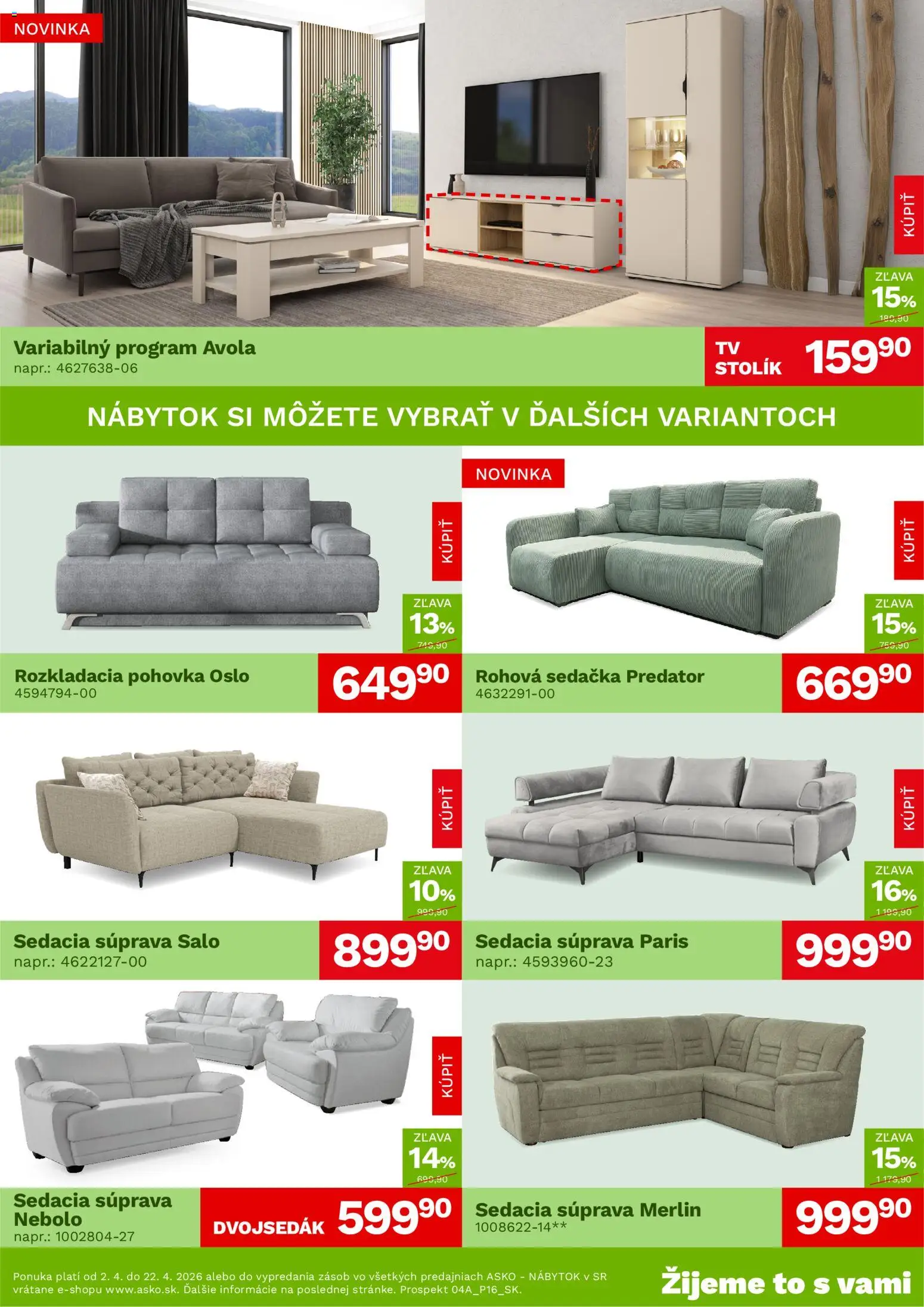 Nové ASKO nábytok akcie – leták je platný od 02.04.2026 | Strana: 2 | Produkty: Nábytok, Sedacia súprava, Rohová sedačka, Sedačka