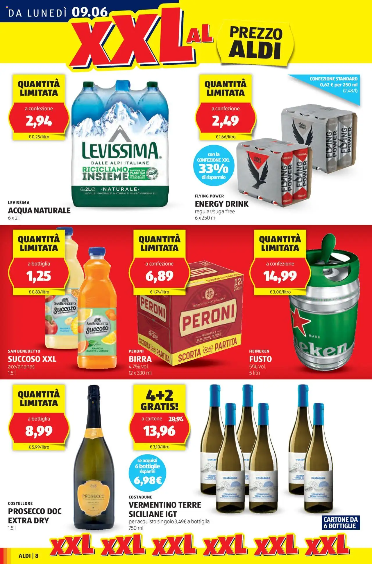 Volantino Aldi del 09.06.2025 | Pagina: 8 | Prodotti: Birra, Prosecco, Acqua, Acqua naturale