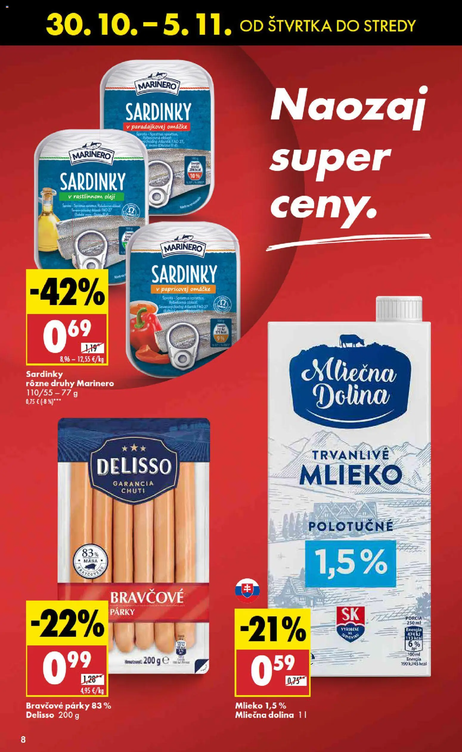 Nové Biedronka akcie – leták je platný od 30.10.2025 | Strana: 8 | Produkty: Mlieko, Sardinky, Párky, Trvanlivé mlieko