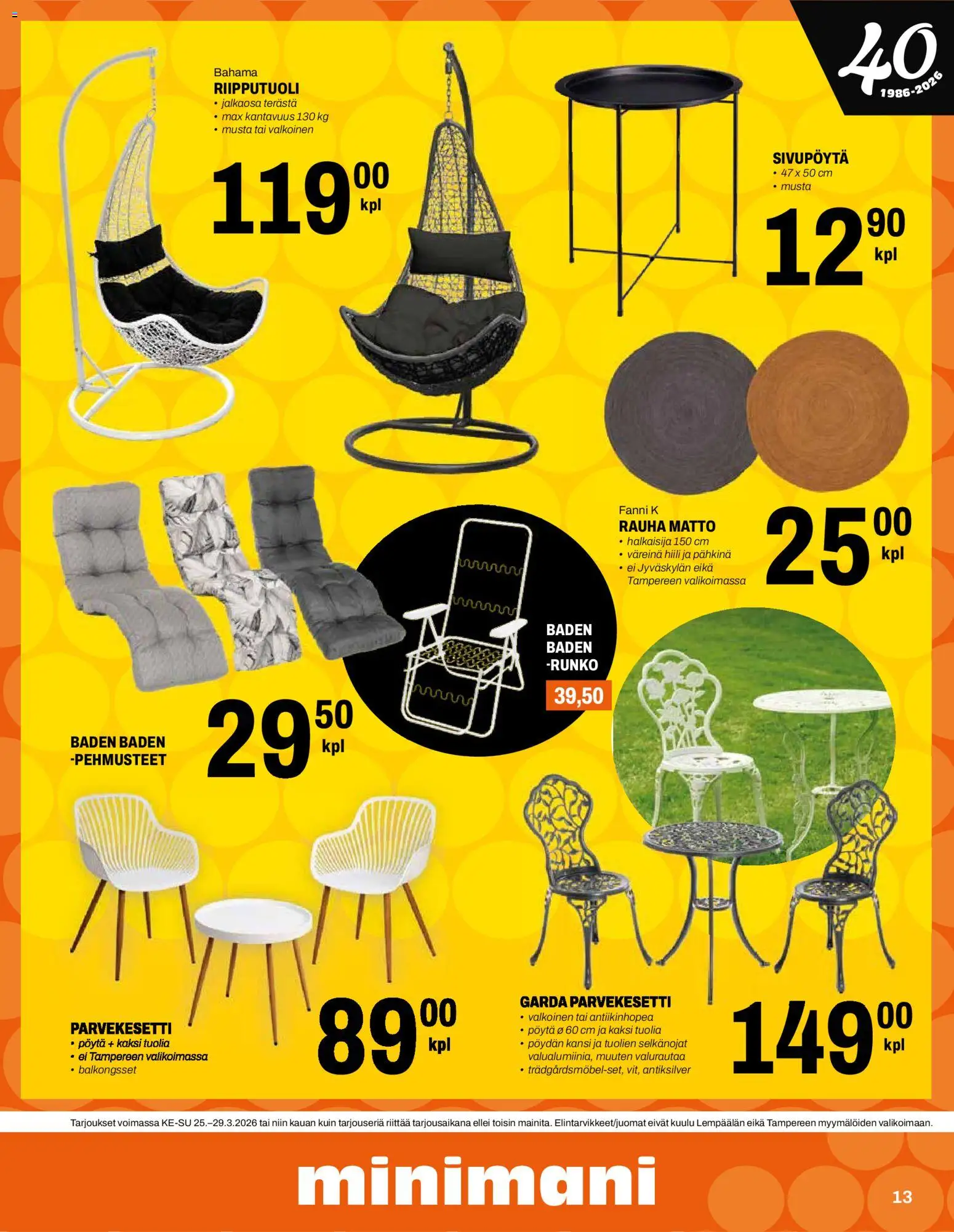 Minimani tarjoukset – voimassa 25.03.2026 alkaen | Sivu: 13 | Tuotteet: Kansi, Pöytä, Matto