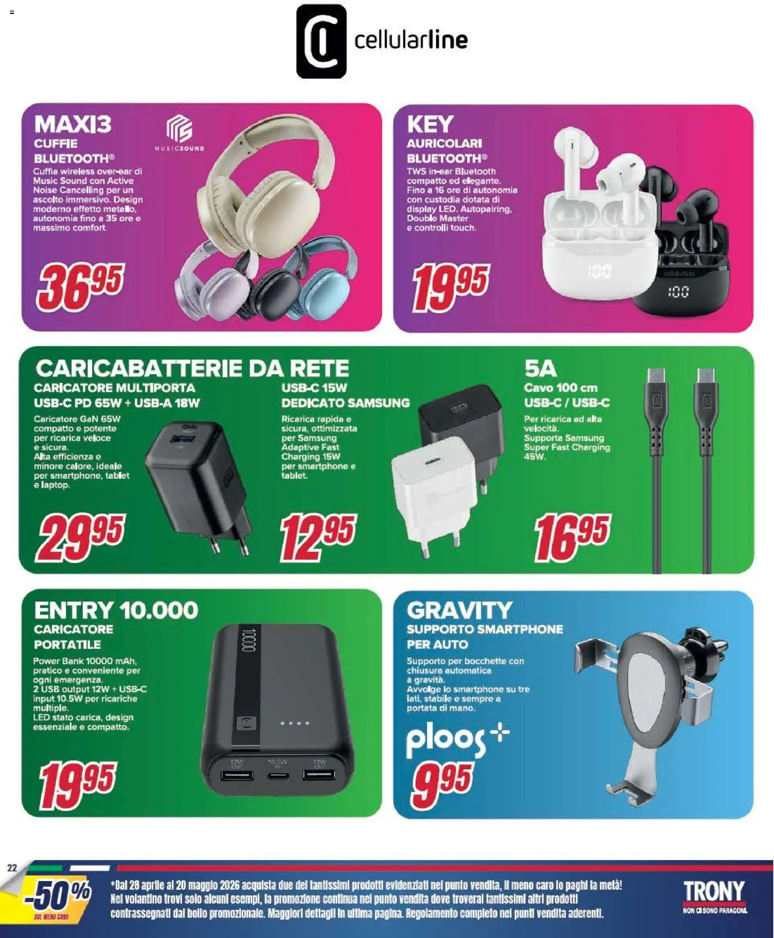 Volantino Trony del 28.04.2026 | Pagina: 22 | Prodotti: Power bank, Smartphone, USB, Caricabatterie