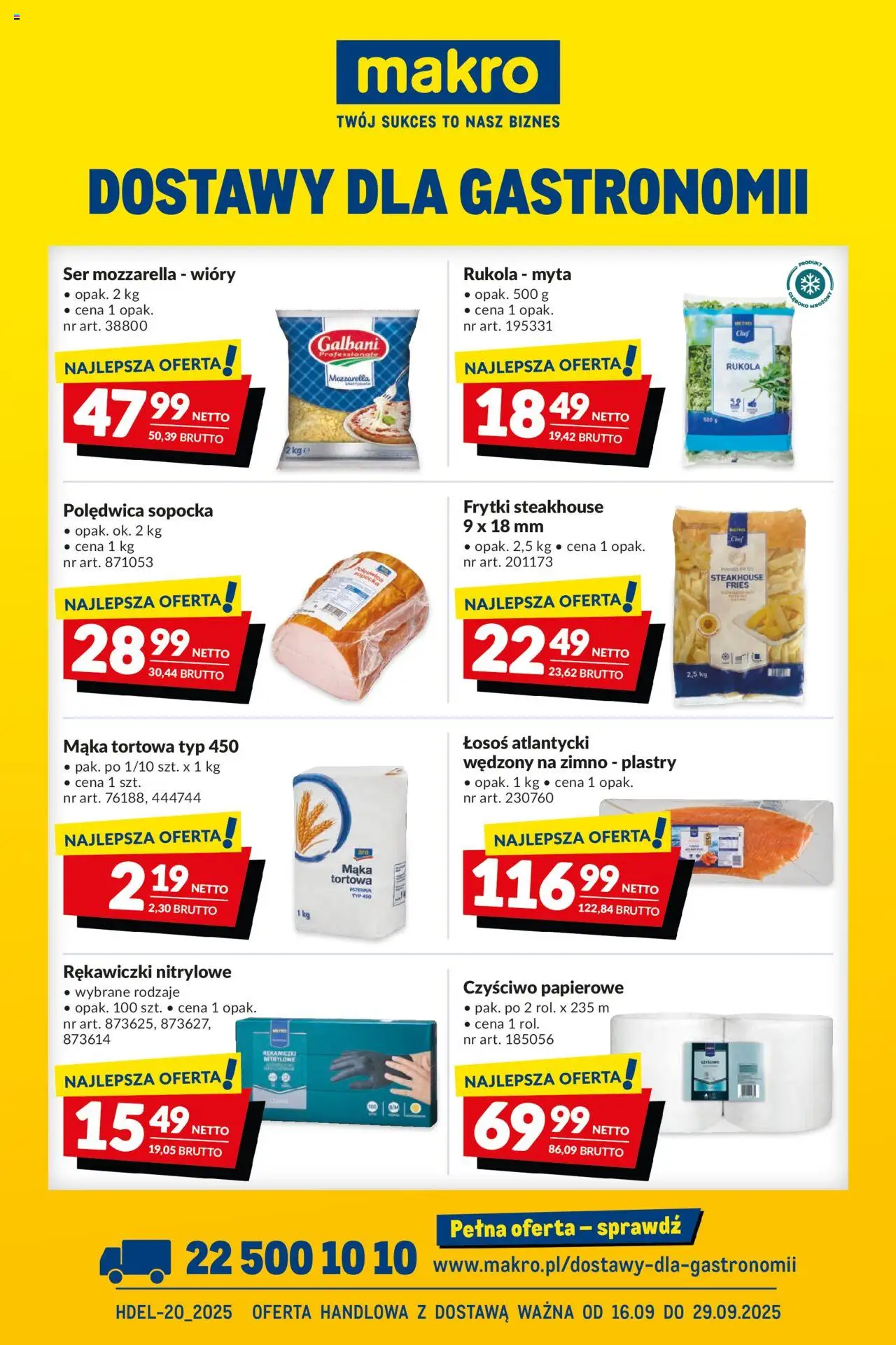 Makro Gazetka - Dostawy dla gastronomii od 16.09.2025 | Strona: 1 | Produkty: Rękawiczki, Łosoś, Mozzarella, Frytki