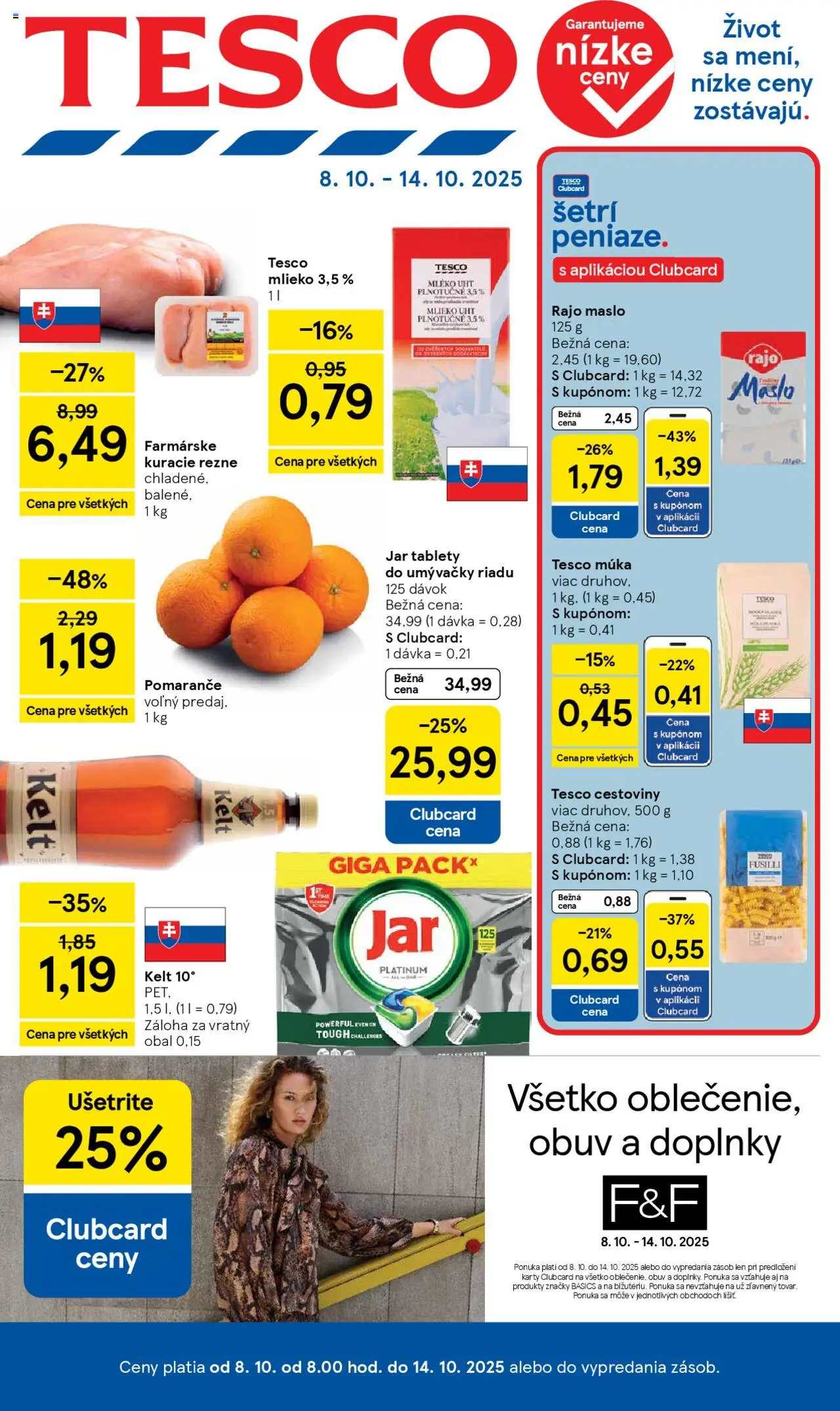 Nové Tesco akcie – leták je platný od 08.10.2025 | Strana: 1 | Produkty: Mlieko, Cestoviny, Múka, Jar
