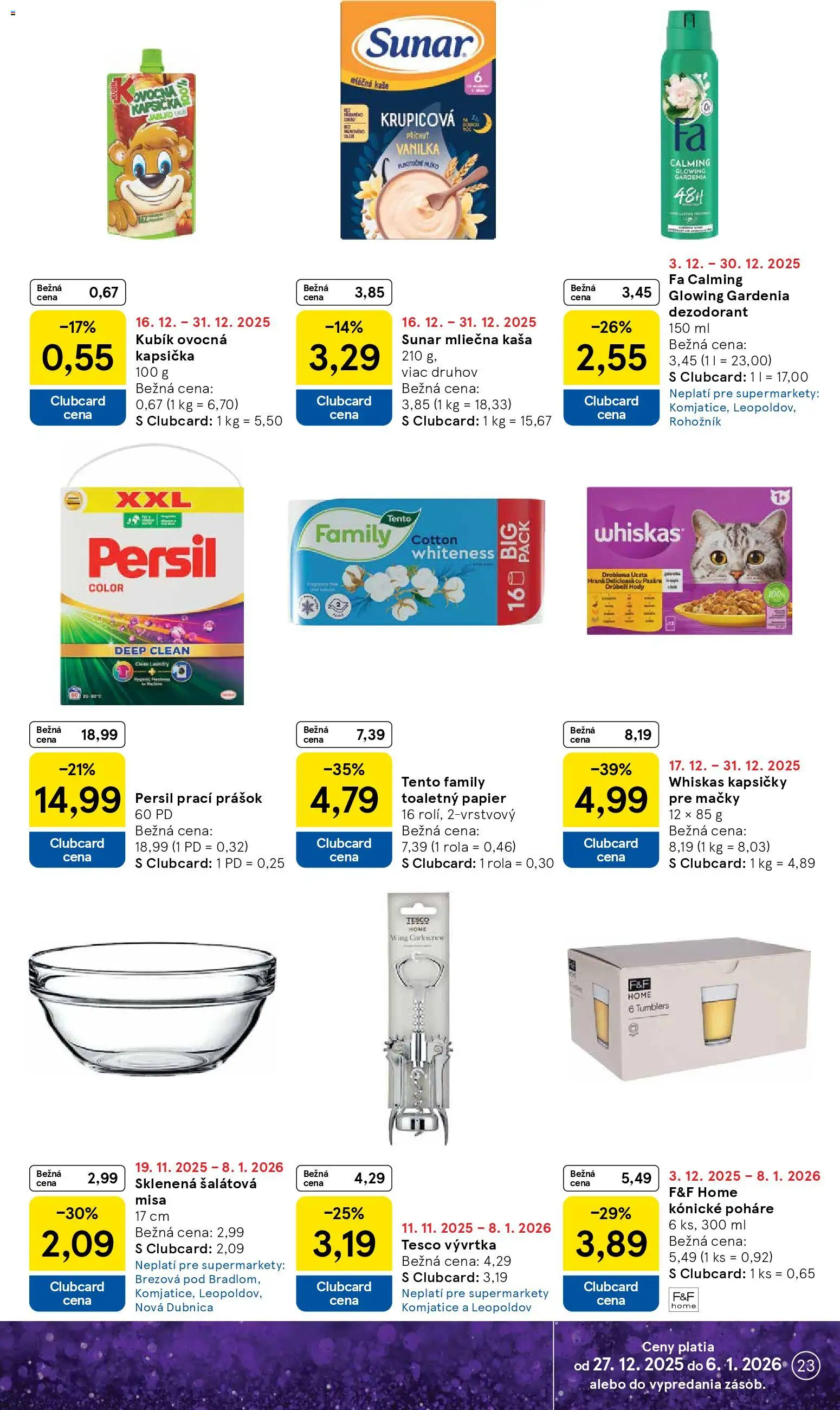 Nové Tesco akcie – leták je platný od 27.12.2025 | Strana: 23 | Produkty: Persil, Prací prášok, Toaletný papier, Whiskas