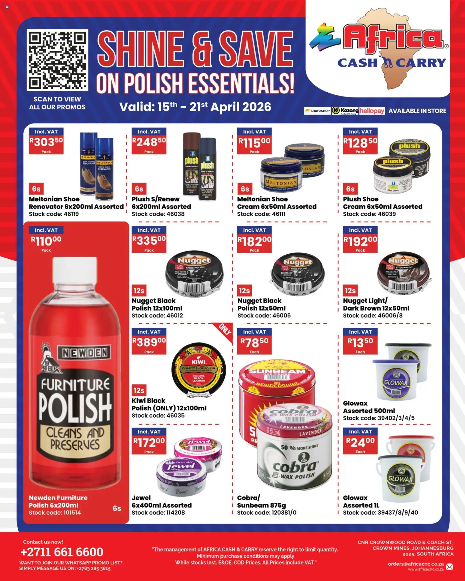 New Africa Cash & Carry catalogue – valid from 15.04.2026 | Page: 1 | Products: Wax, Kiwi, Cream, Stock